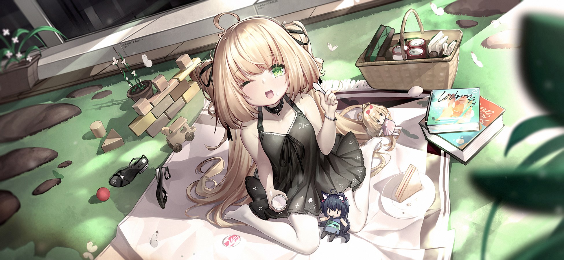 Anime girl with blonde hair and green eyes having a picnic HD Wallpaper