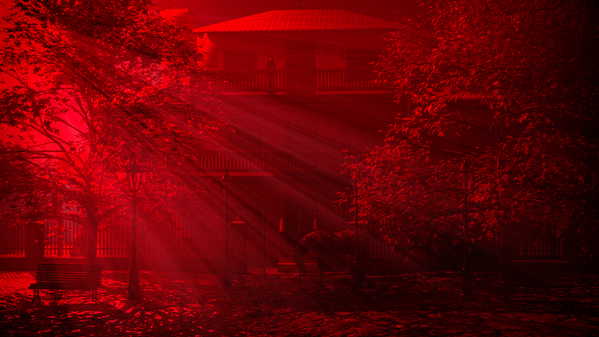Mansion with sun rays and trees in red HD Wallpaper