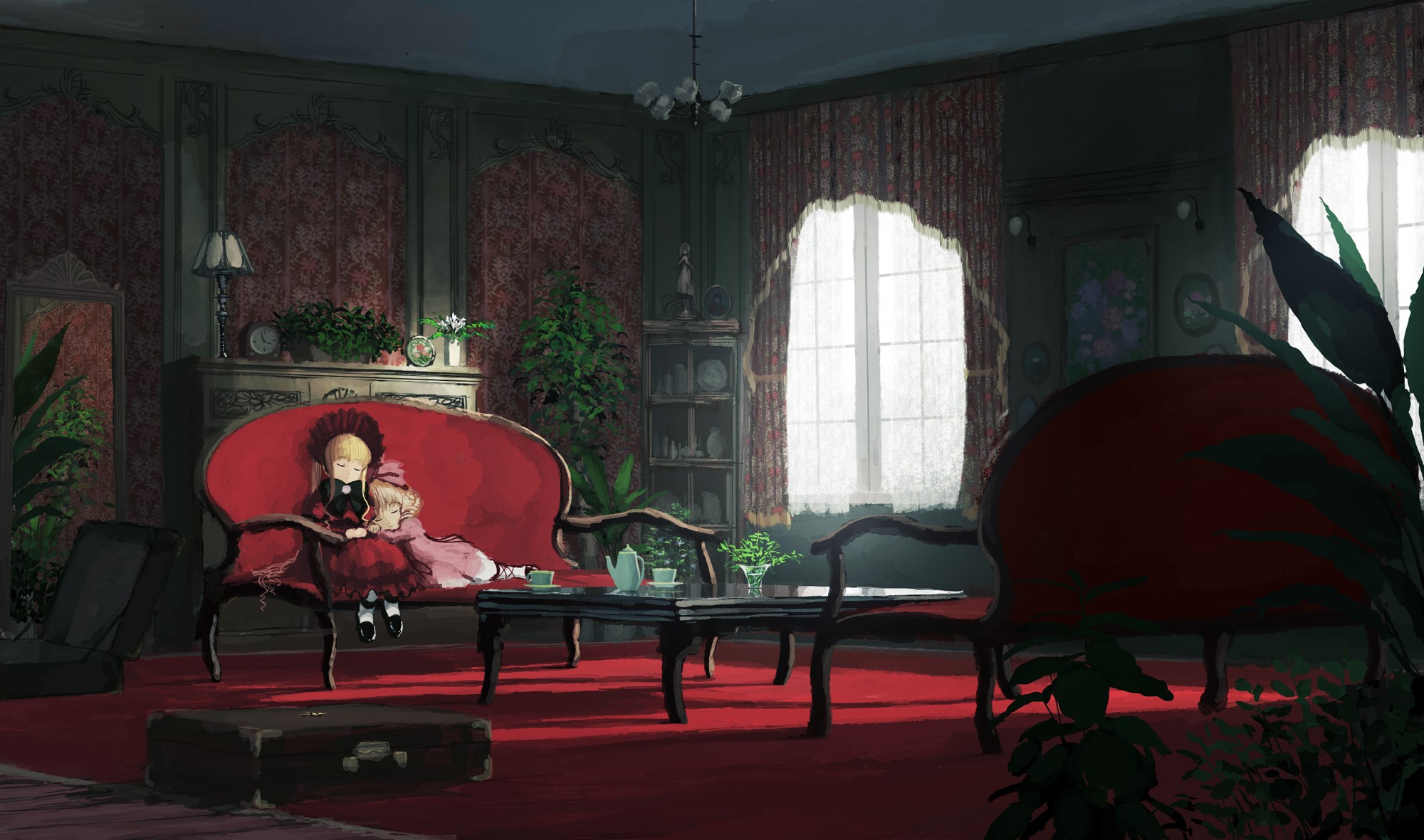 Two girls in Victorian dresses in a dimly lit room HD Wallpaper