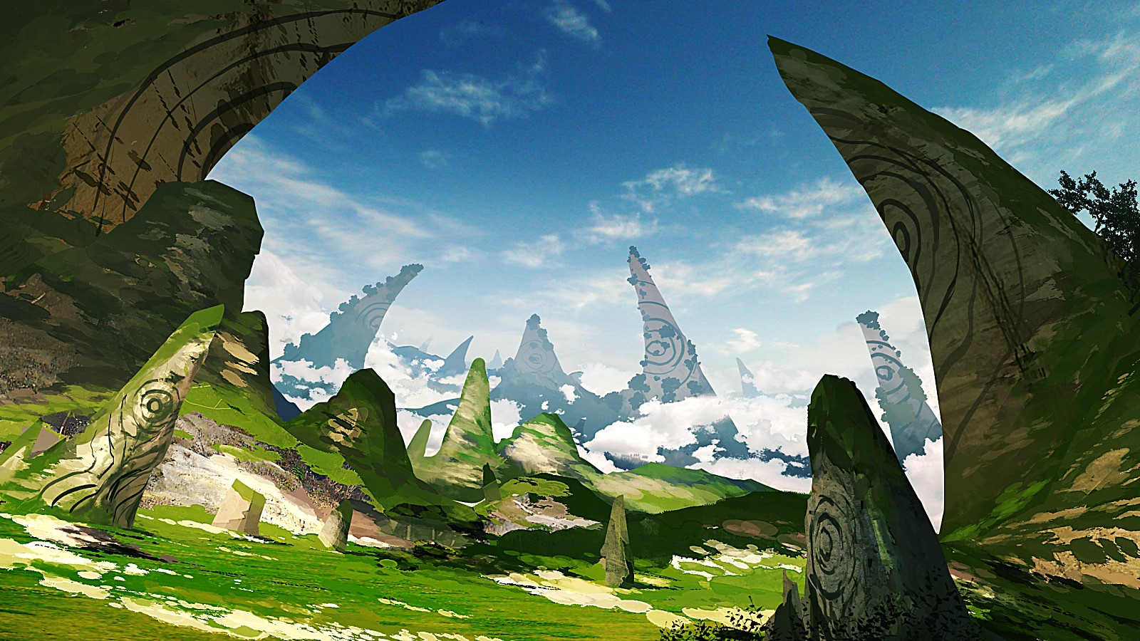 Fantasy landscape with ancient stone structures and mountains HD Wallpaper