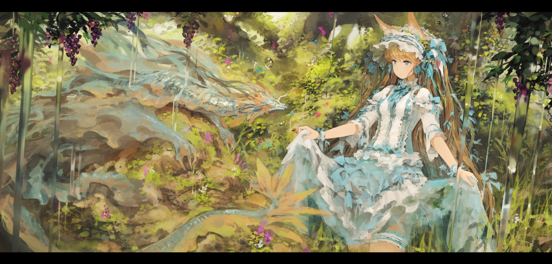 Girl with a dragon in a magical forest HD Wallpaper