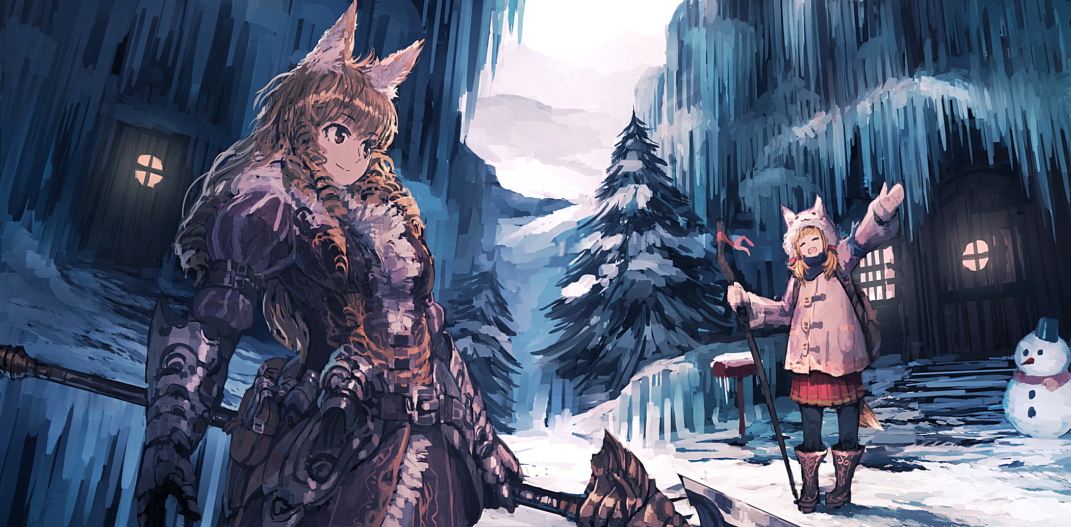 Fantasy characters in a snowy, icy landscape HD Wallpaper