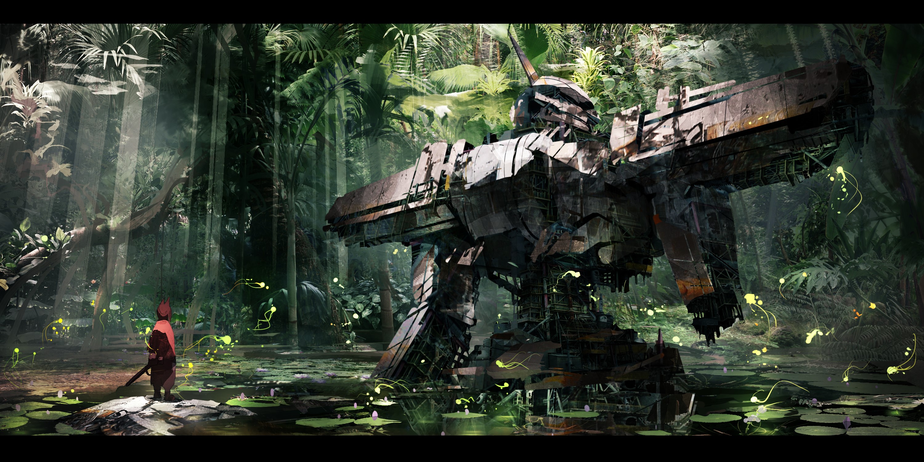 Giant robot wreckage in a jungle with a person HD Wallpaper