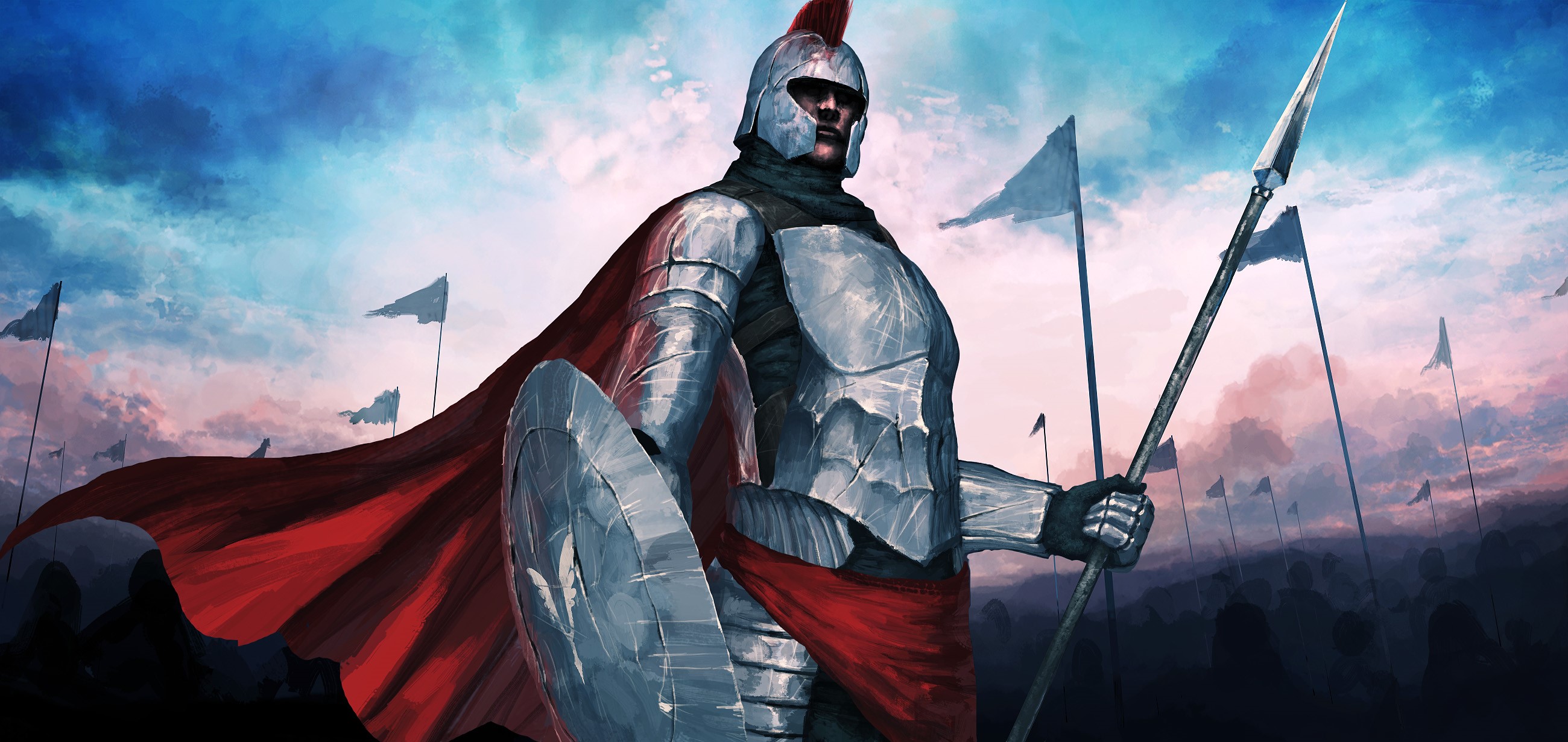 Warrior with spear and shield in front of army HD Wallpaper