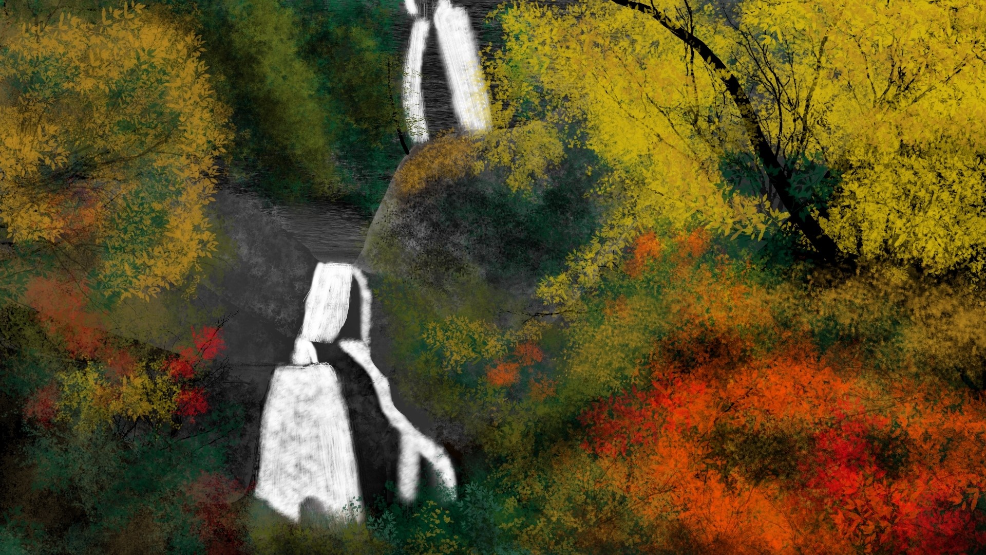 Digital painting of a waterfall in autumn forest HD Wallpaper