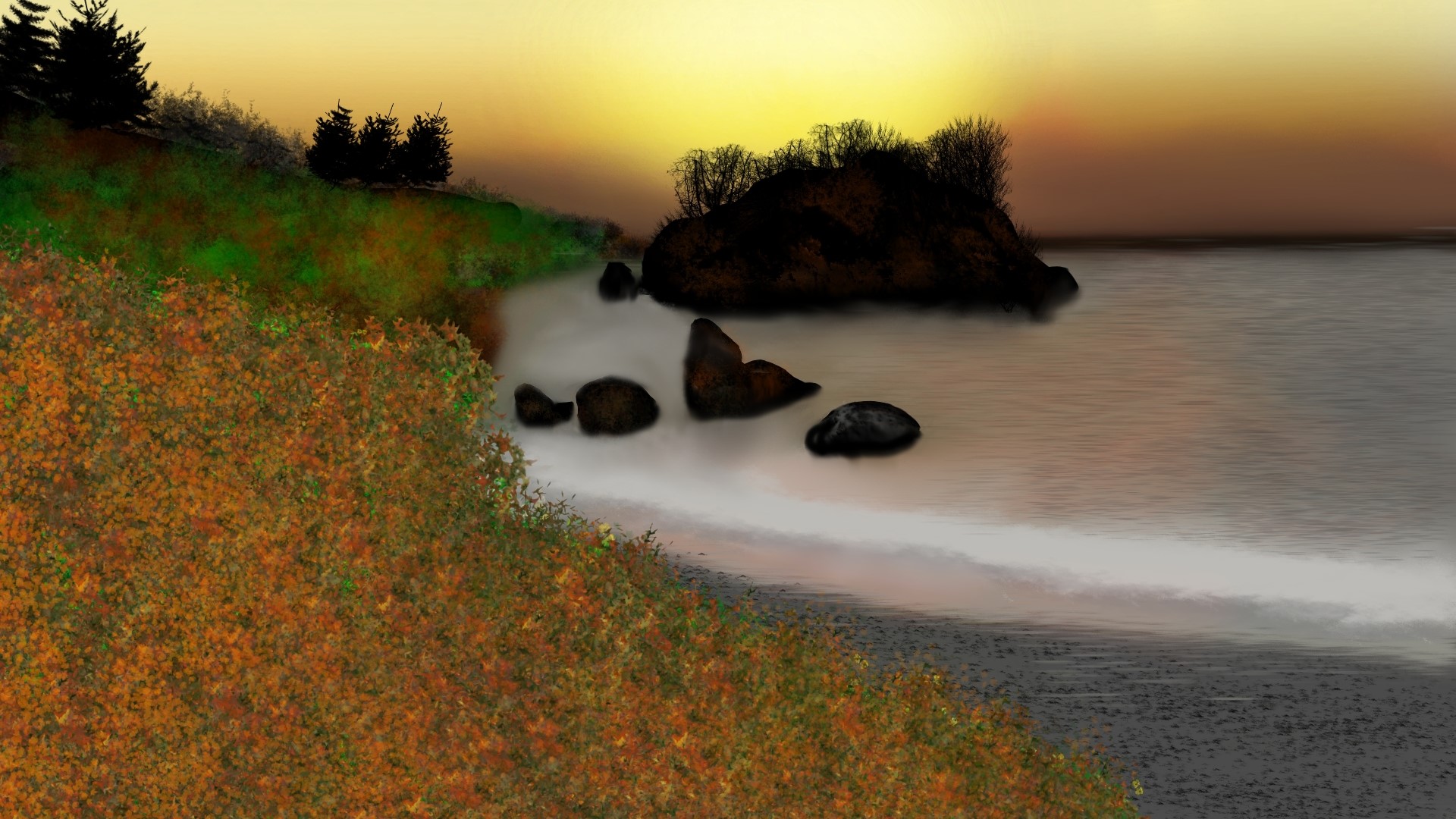 Digital painting of a coastal landscape at sunset HD Wallpaper