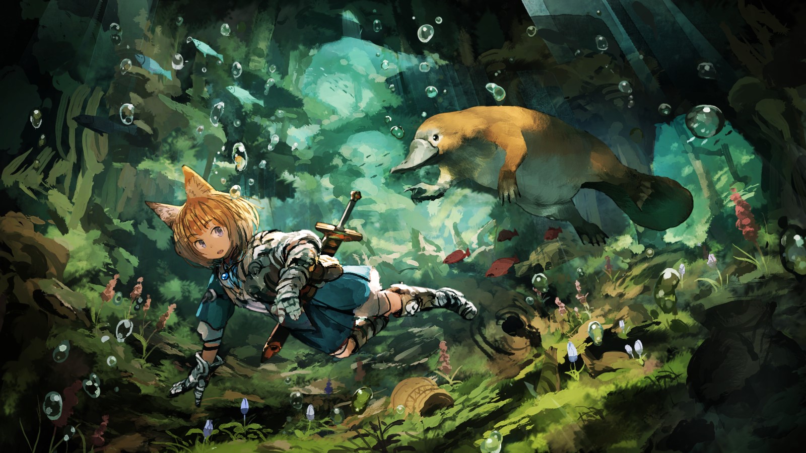 Fantasy creature and platypus underwater HD Wallpaper