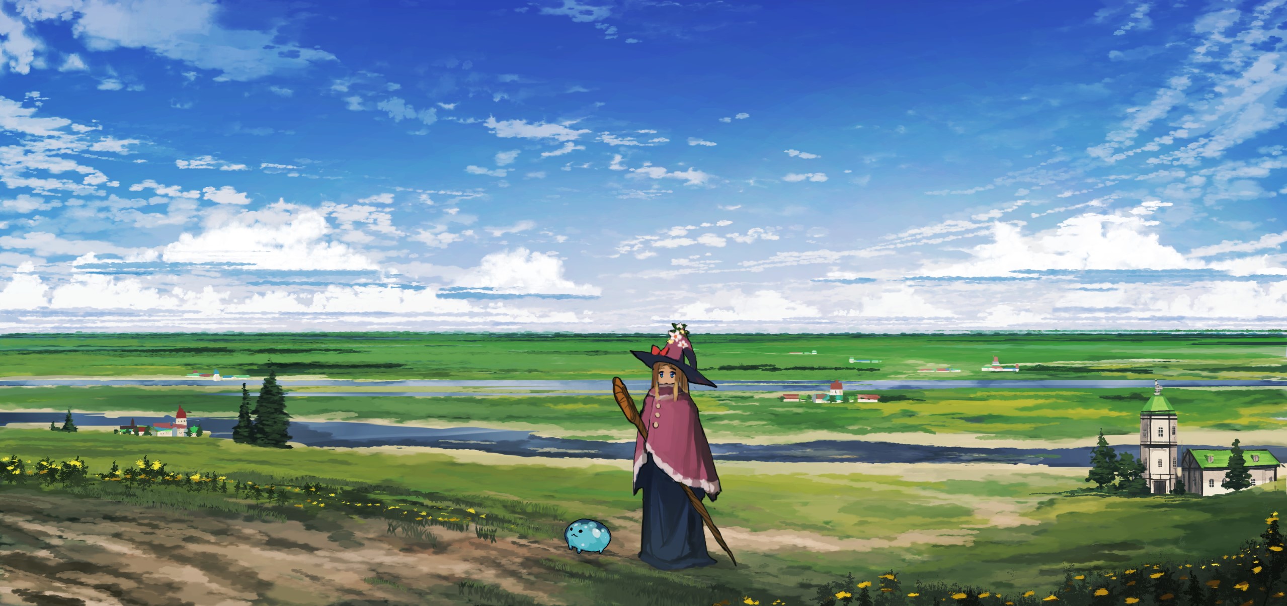 Anime witch with slime in a grassy field HD Wallpaper