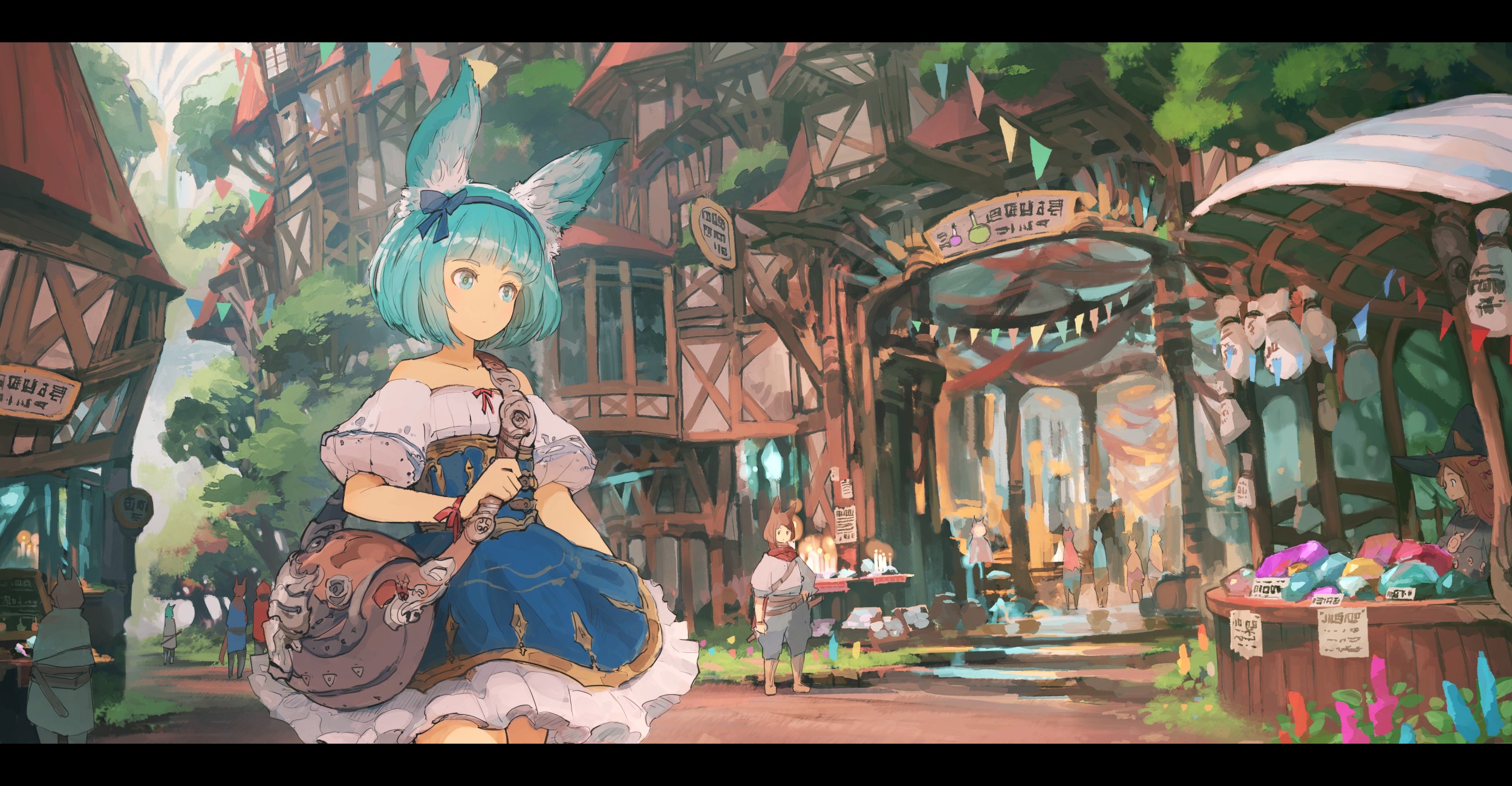 Fantasy city market with a cat-eared girl HD Wallpaper