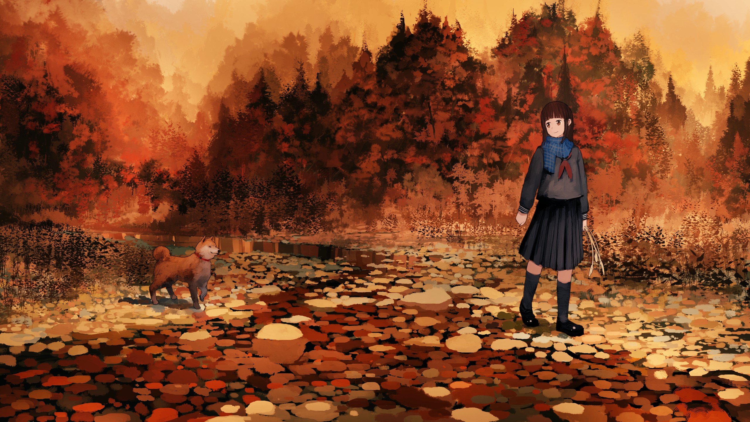 Girl and dog in autumn forest HD Wallpaper