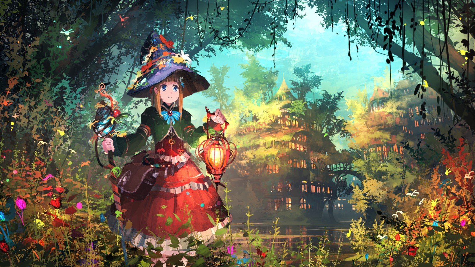 Girl in witch hat with lantern in fantasy forest city HD Wallpaper