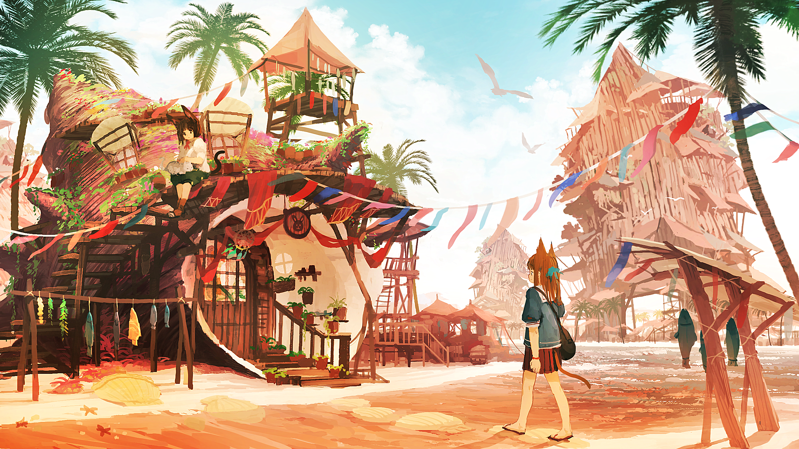 Fantasy beach town with anime characters HD Wallpaper