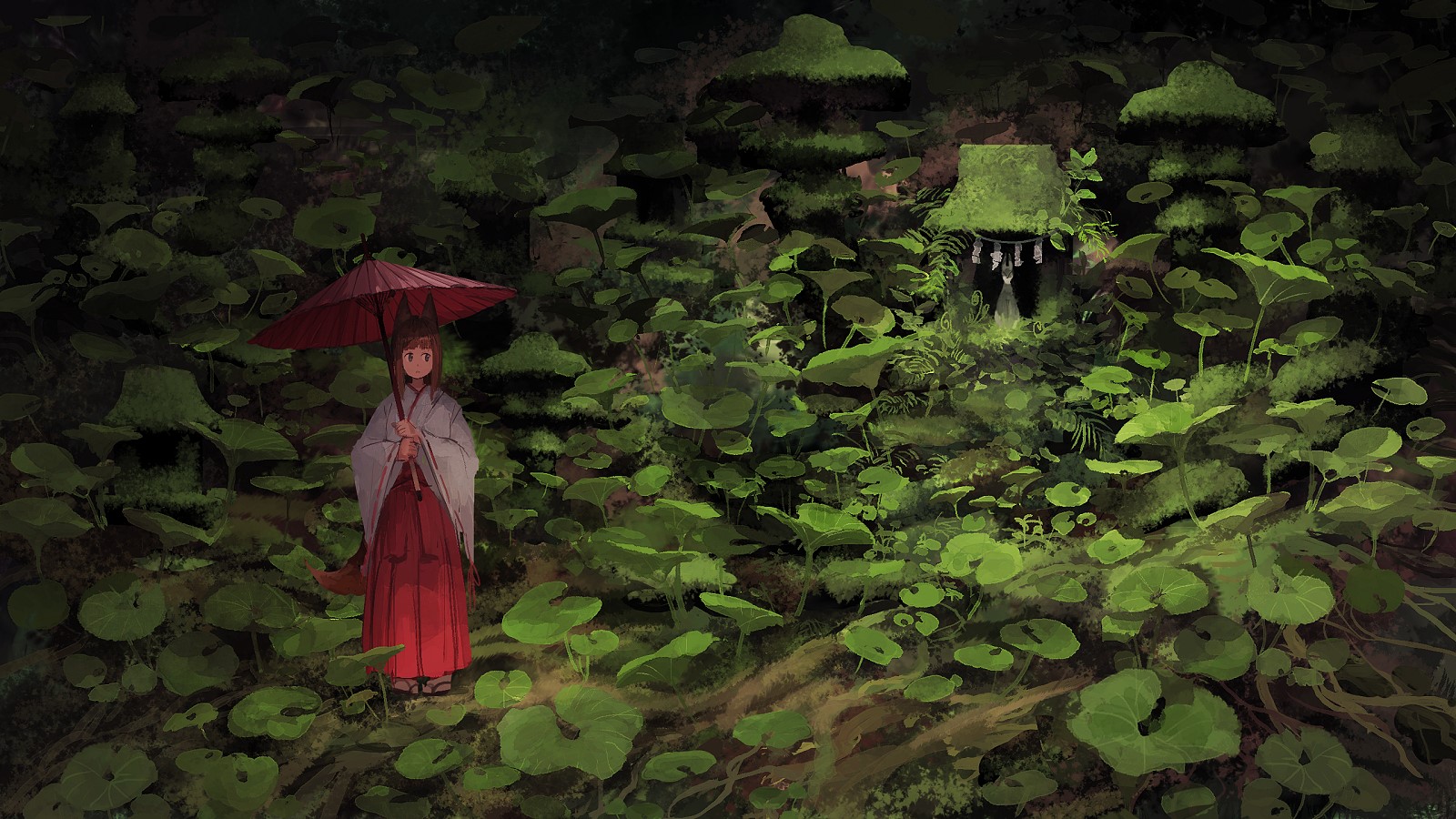 Miko with umbrella in a forest shrine HD Wallpaper