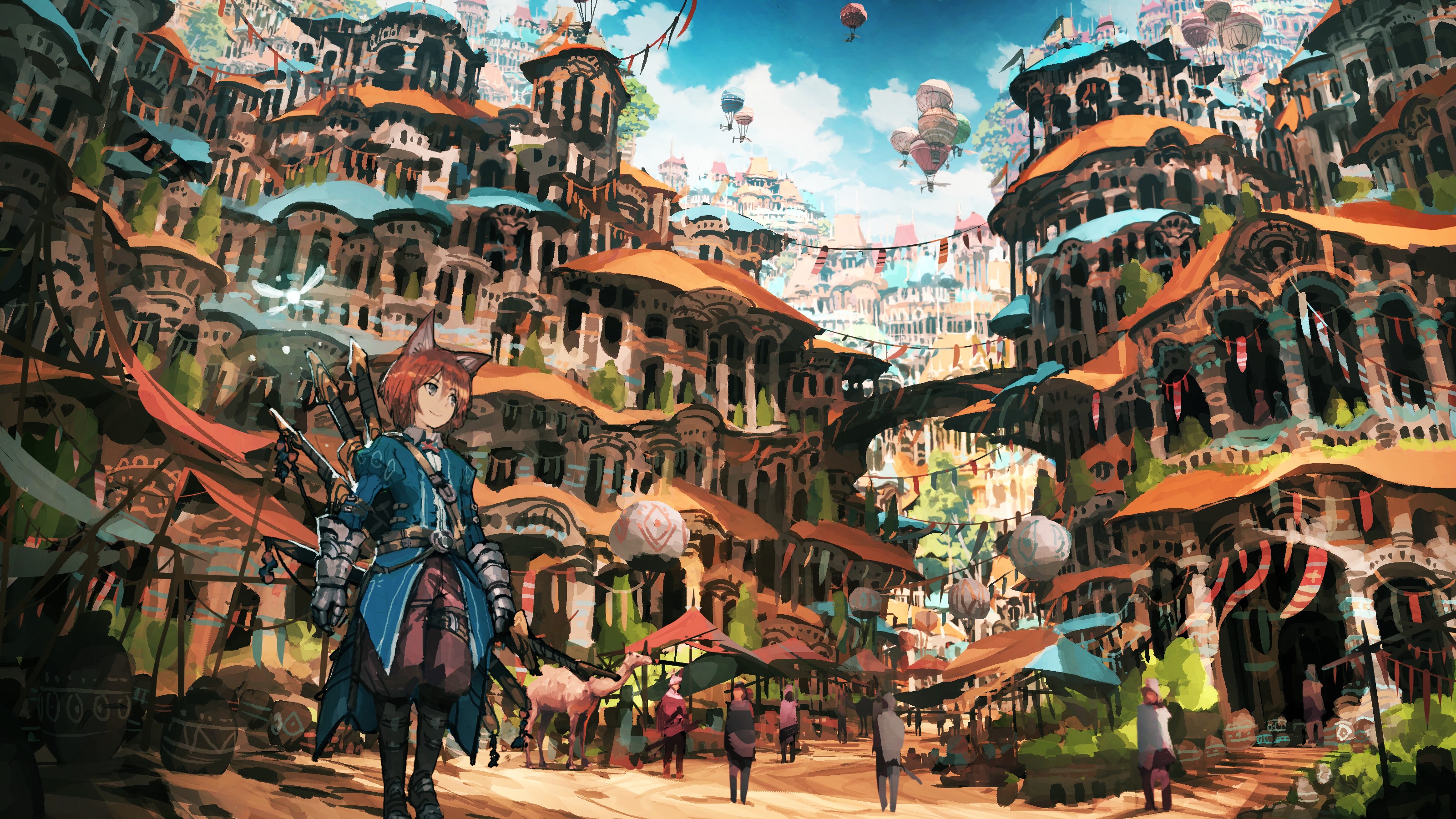 Fantasy city with cat-eared character and airships HD Wallpaper