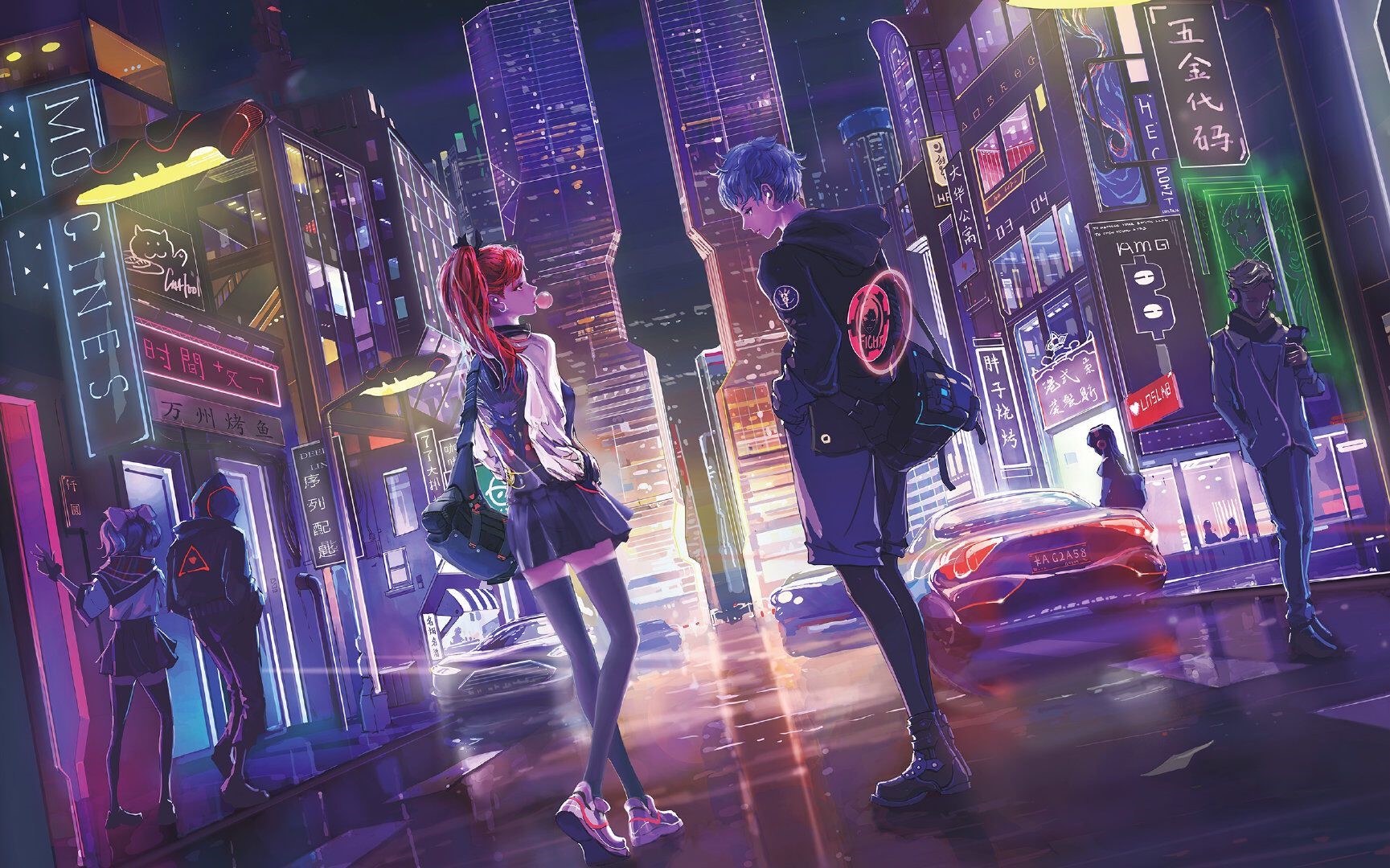 Anime couple in a neon-lit cyberpunk city street HD Wallpaper