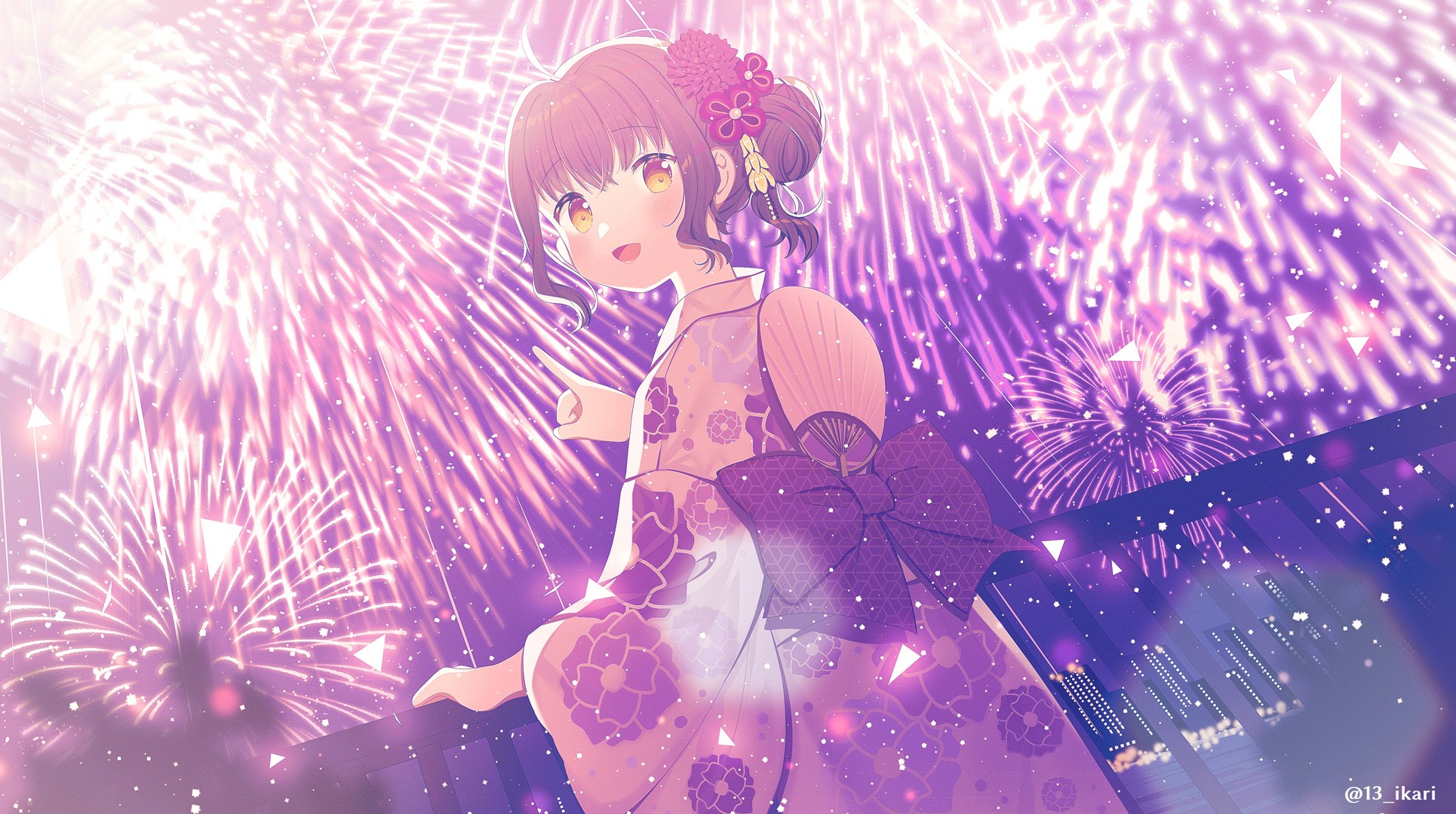 Anime girl in yukata watching fireworks HD Wallpaper