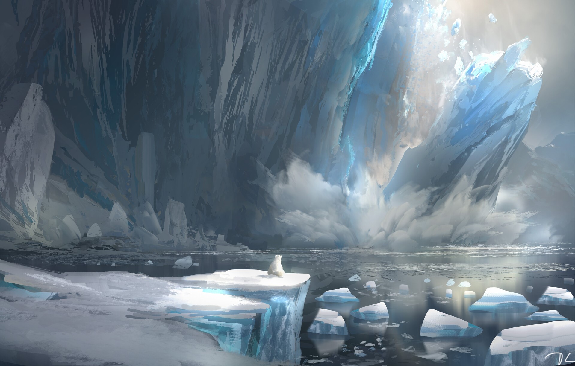 Polar bear on ice floe with glacier in background HD Wallpaper