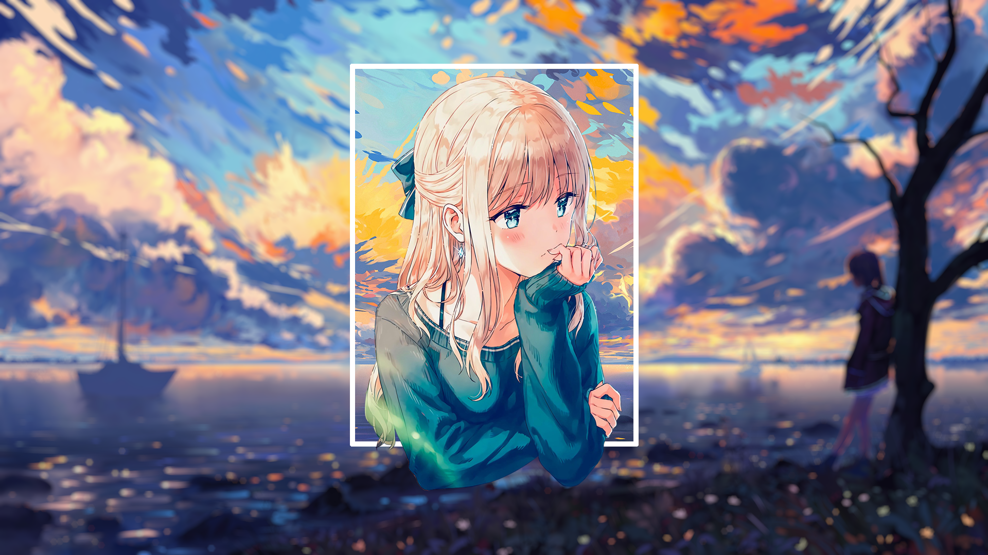 Anime girl in teal sweater against sunset sky HD Wallpaper