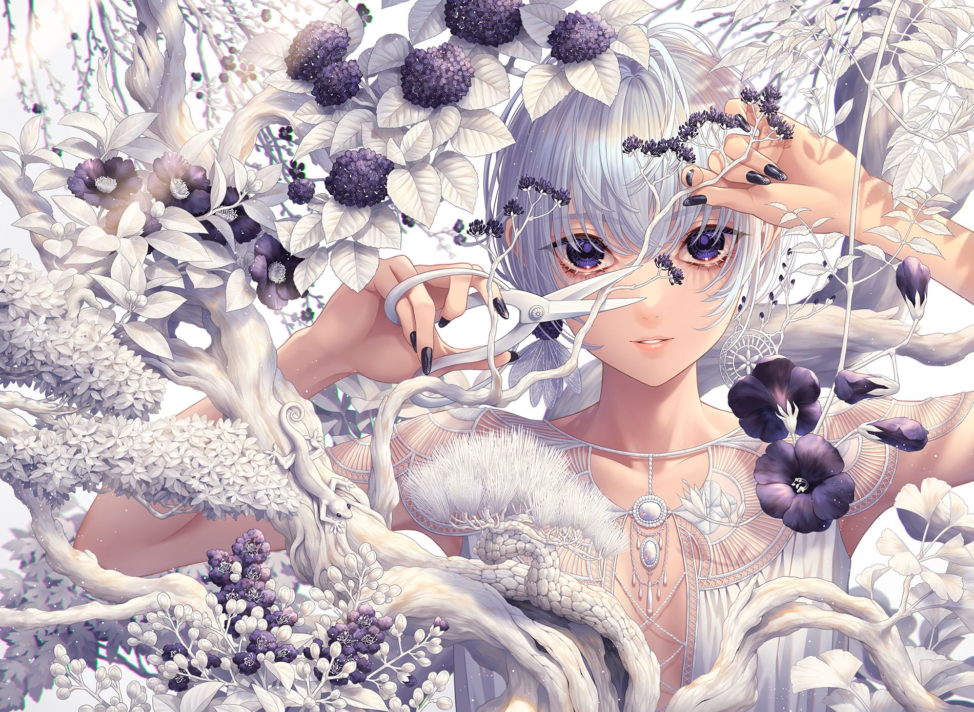 Anime girl with purple eyes and scissors among white trees HD Wallpaper