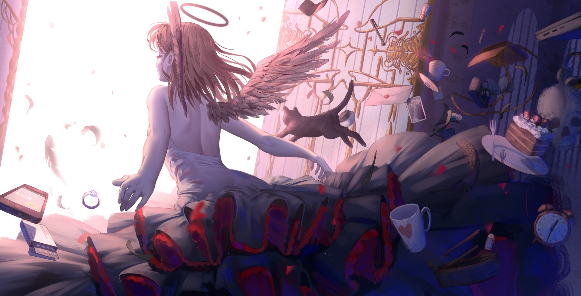 Angel with wings and halo surrounded by floating objects HD Wallpaper