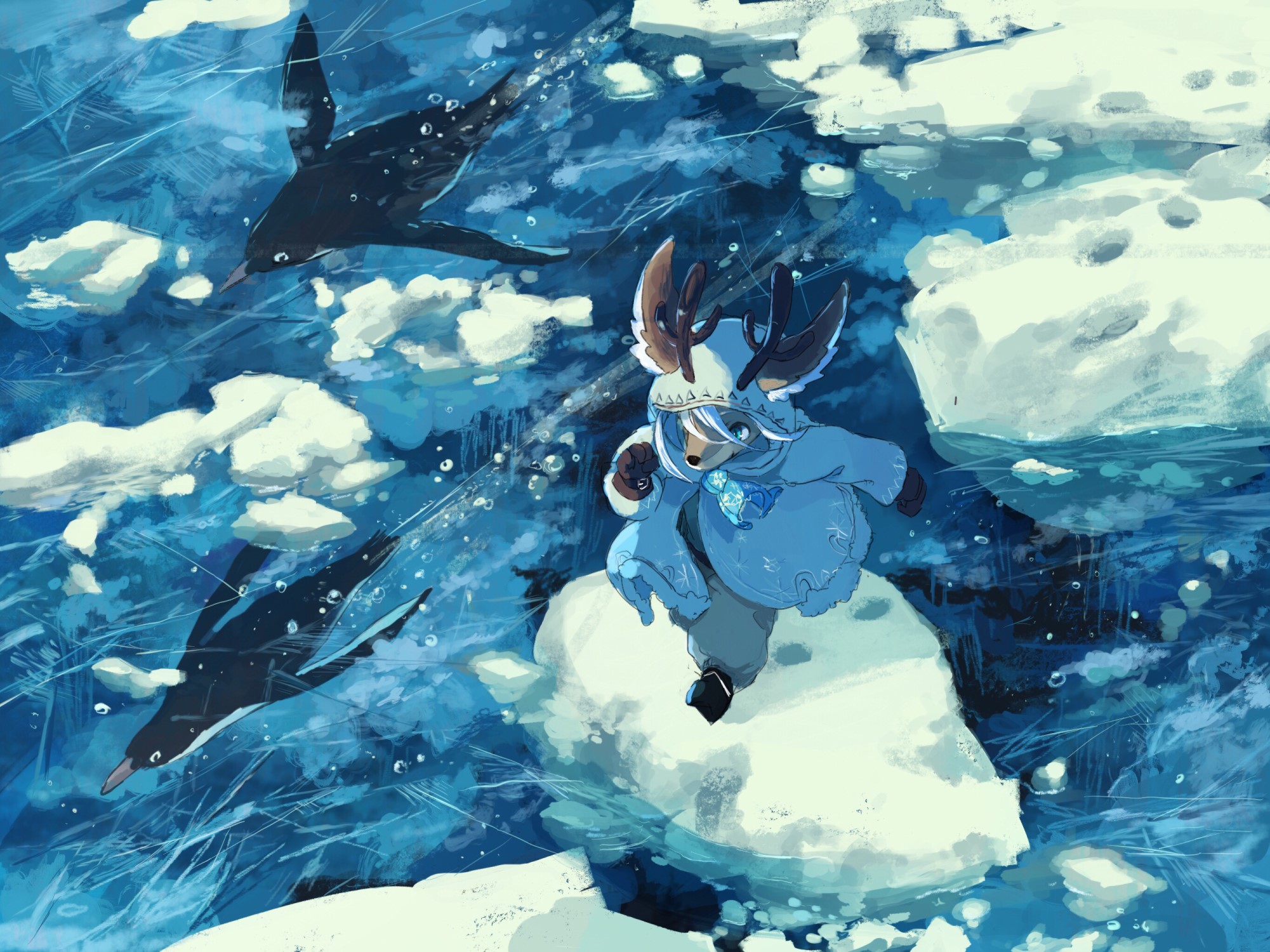 Anthro deer in a blue jacket with antlers near penguins HD Wallpaper