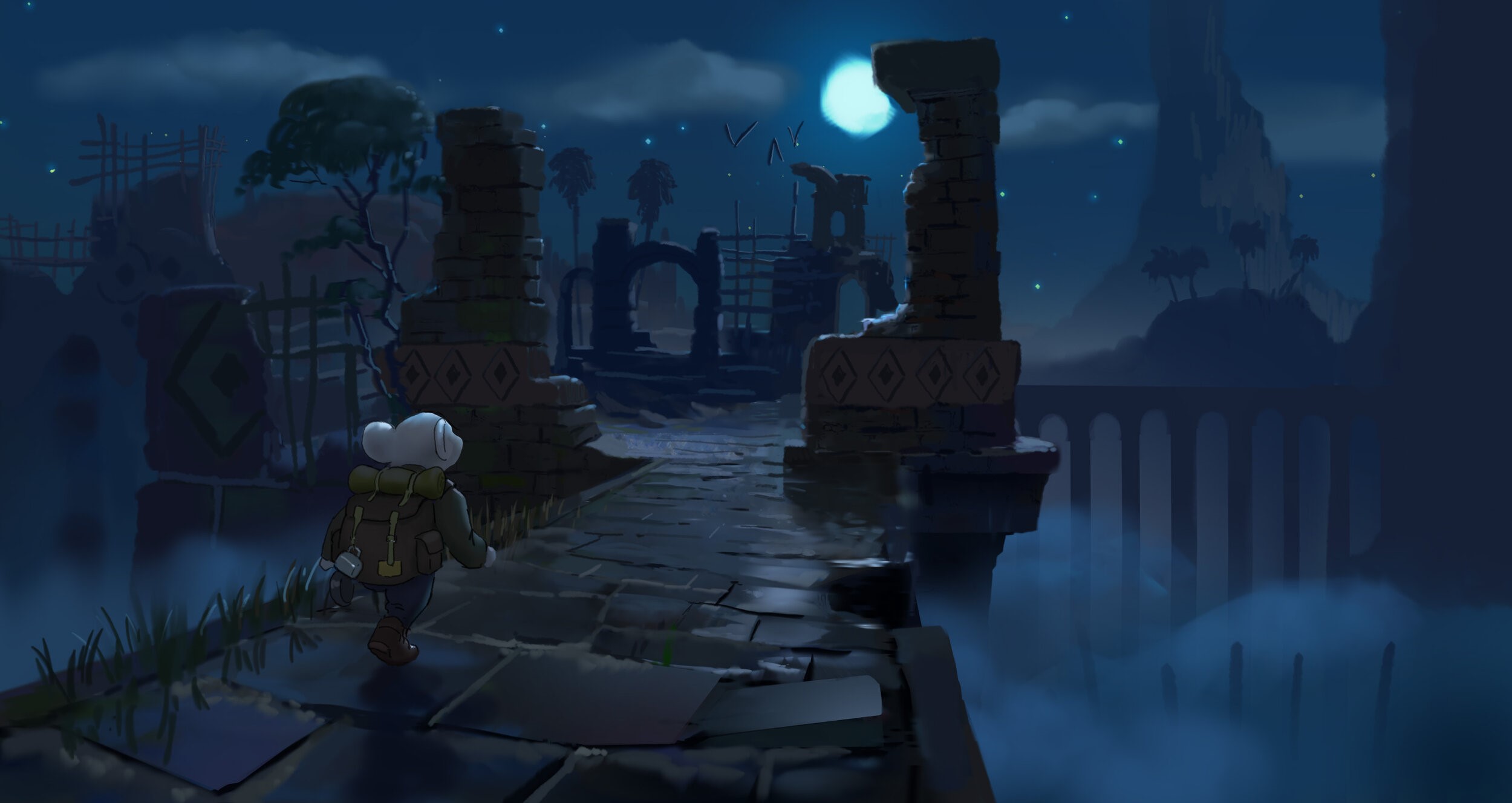 Mouse with backpack on ruined walkway under moonlight HD Wallpaper