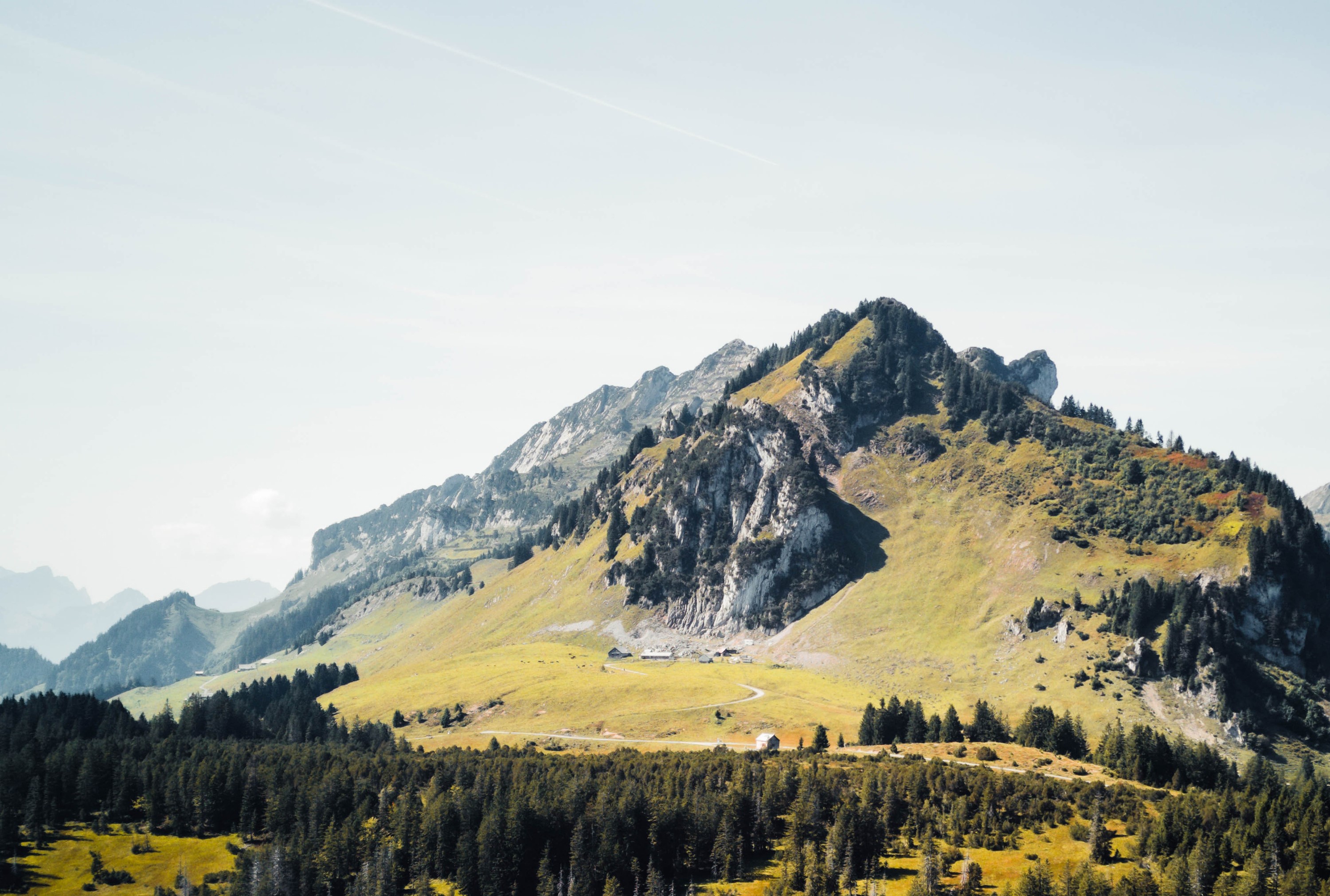 Mountain landscape with trees and a clear sky HD Wallpaper