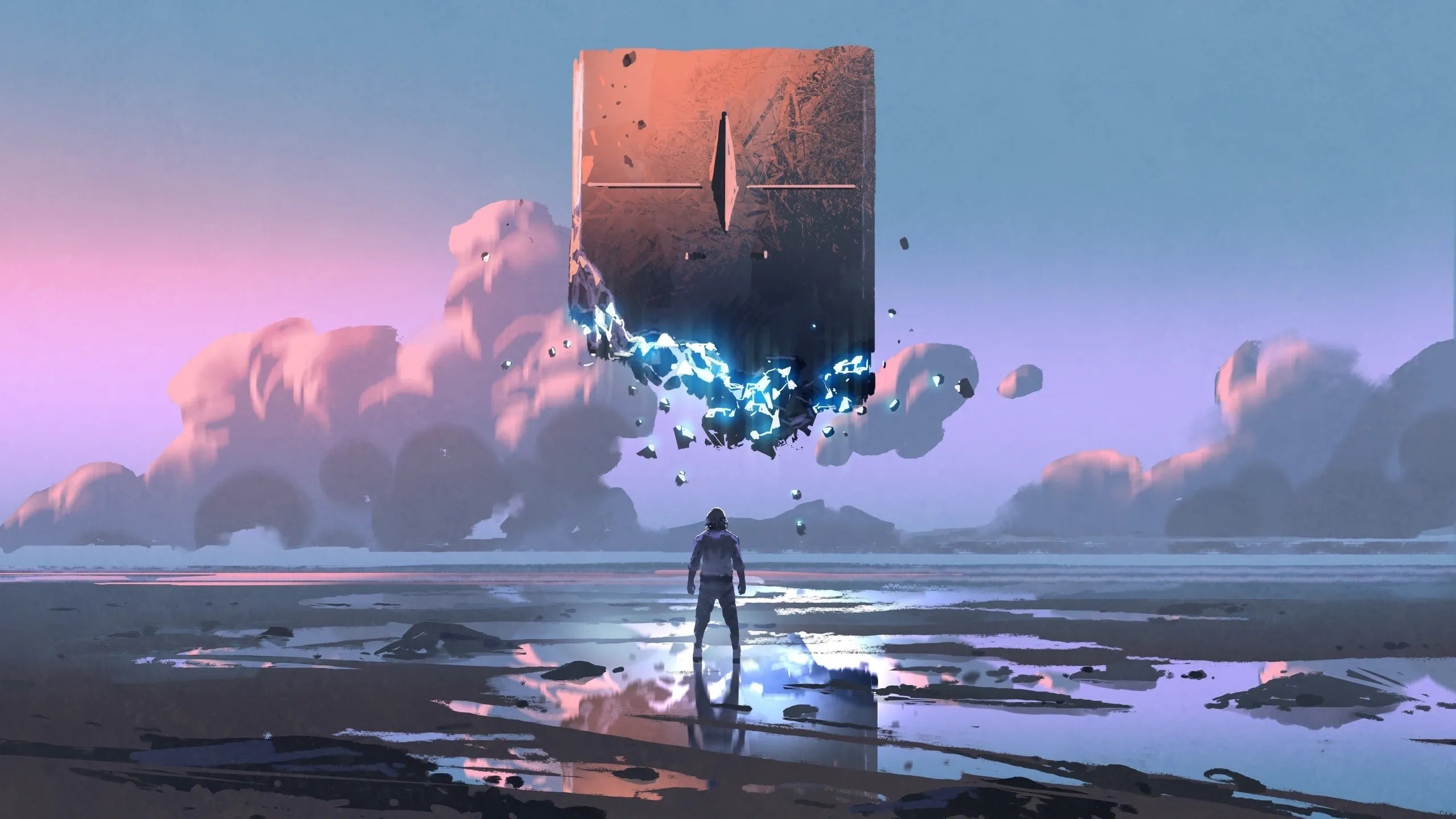 Man standing before a floating, crumbling monolith HD Wallpaper