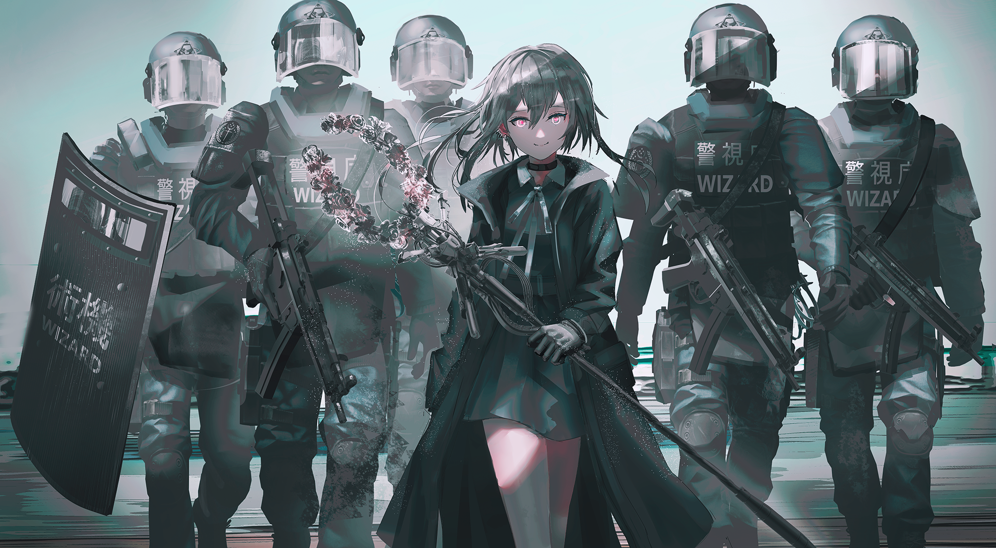 Anime girl with flower staff and riot police HD Wallpaper