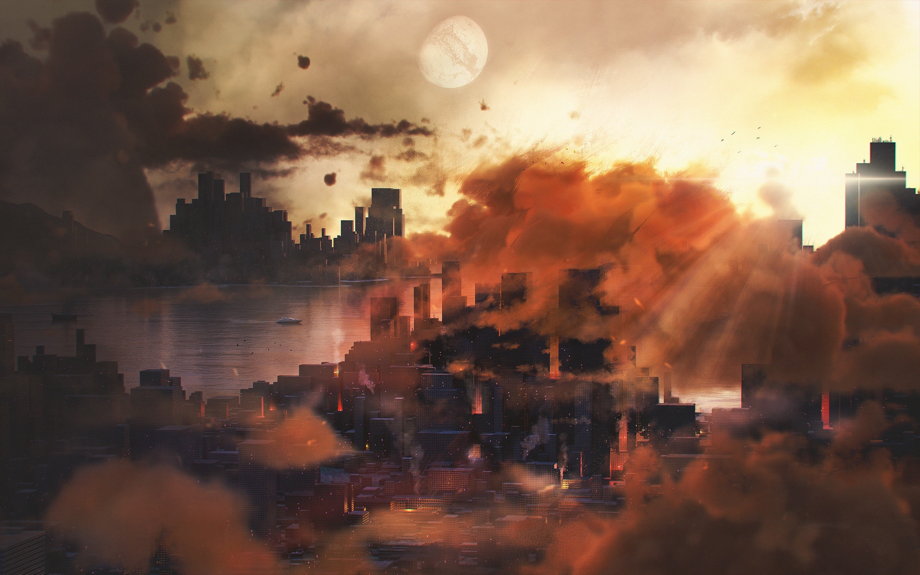 Surreal cityscape with orange clouds and a large moon HD Wallpaper