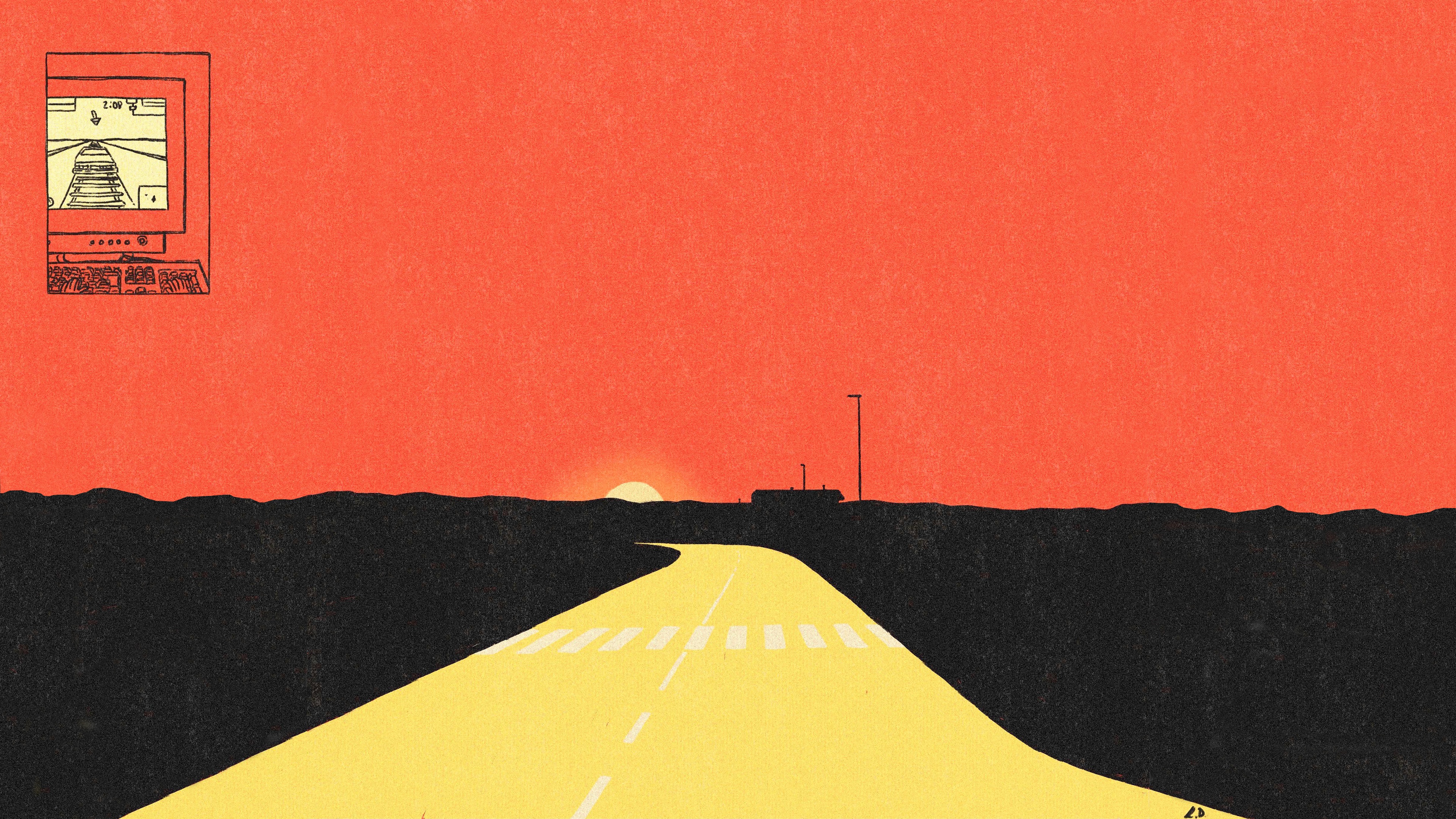 Retro computer game on a road at sunset HD Wallpaper