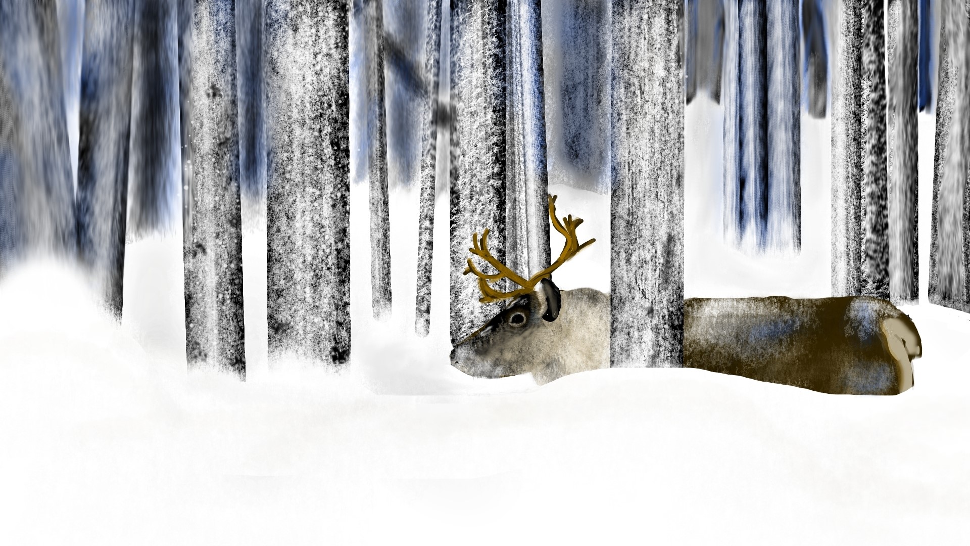 Reindeer in a snowy forest, digital art HD Wallpaper
