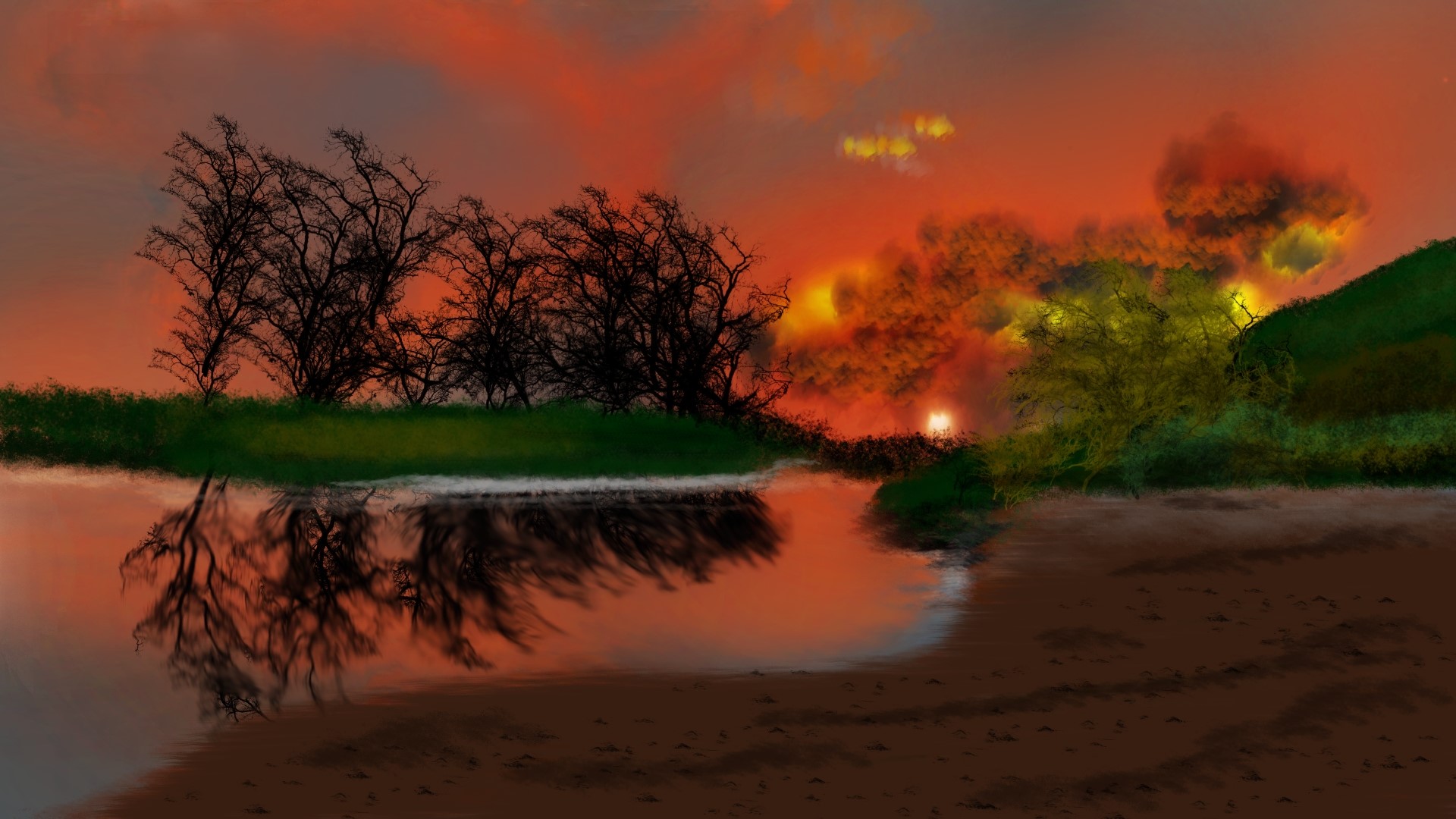 Digital painting of a sunset over a body of water with trees HD Wallpaper