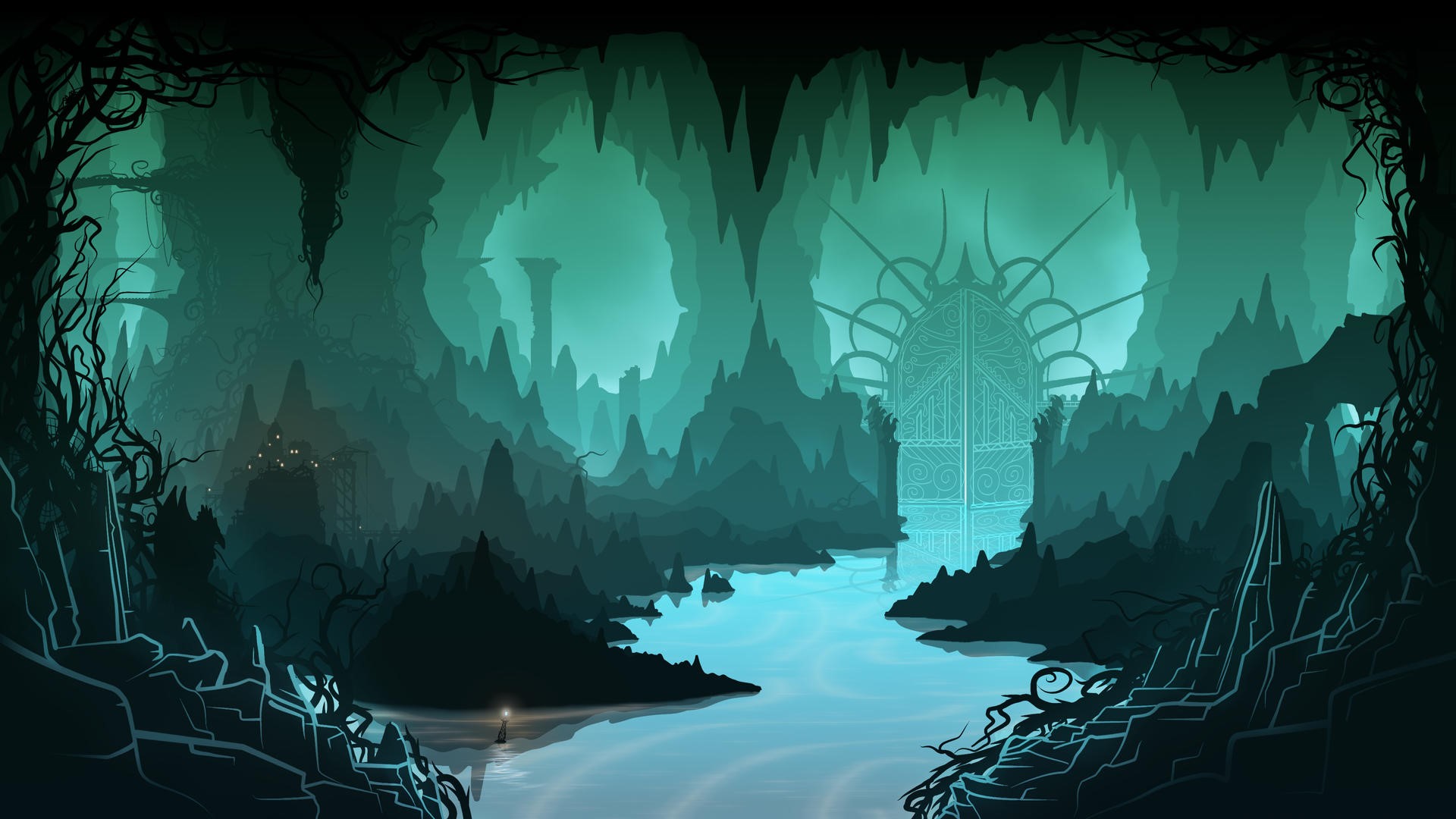 Cave landscape with glowing gate and river HD Wallpaper