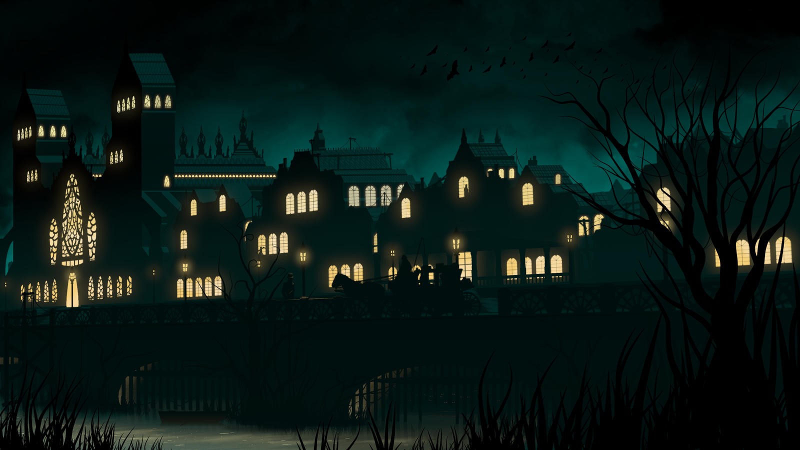 Dark town with glowing windows and a carriage HD Wallpaper