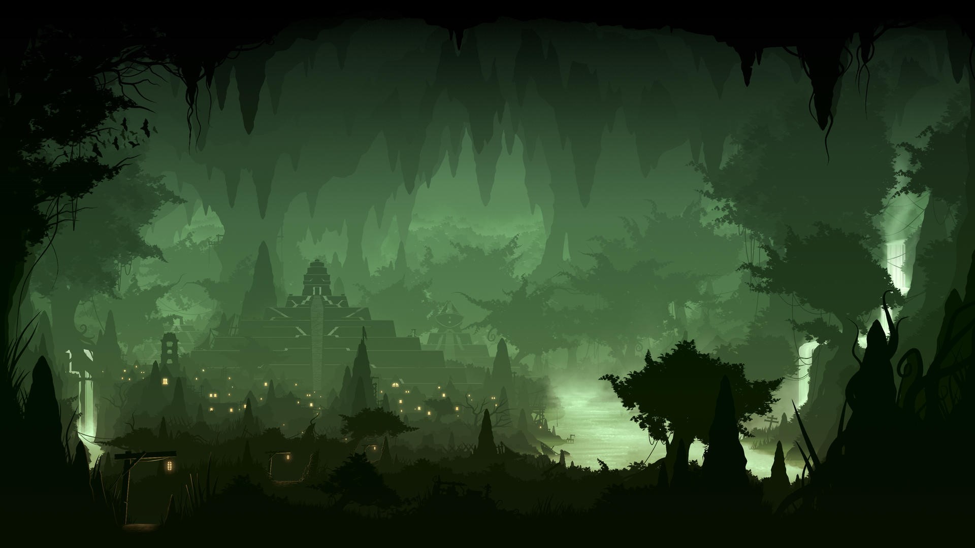 Mysterious cave city with ancient architecture and glowing lights HD Wallpaper