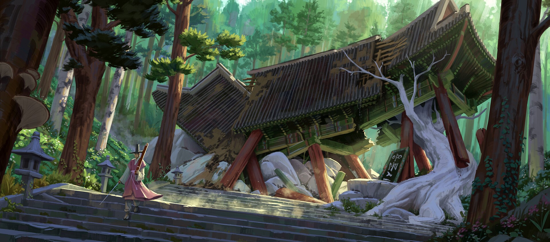 Ruined temple in a forest with a person holding a sword HD Wallpaper