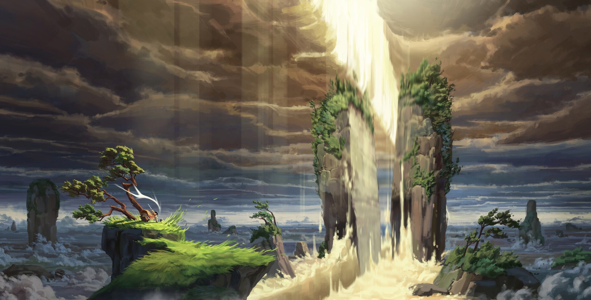 Fantasy landscape with waterfall and floating islands HD Wallpaper