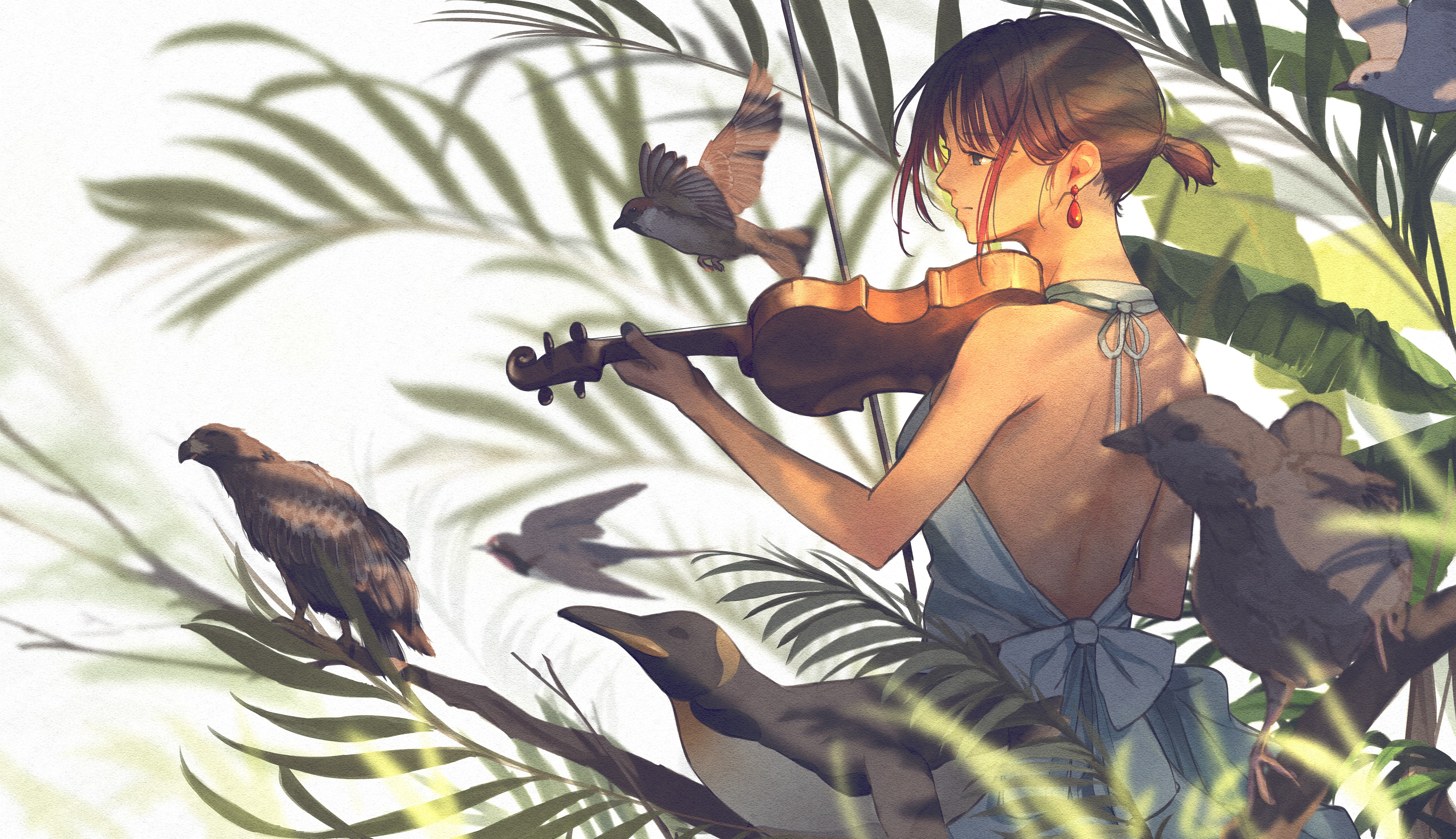 Anime girl playing violin with birds and penguins HD Wallpaper