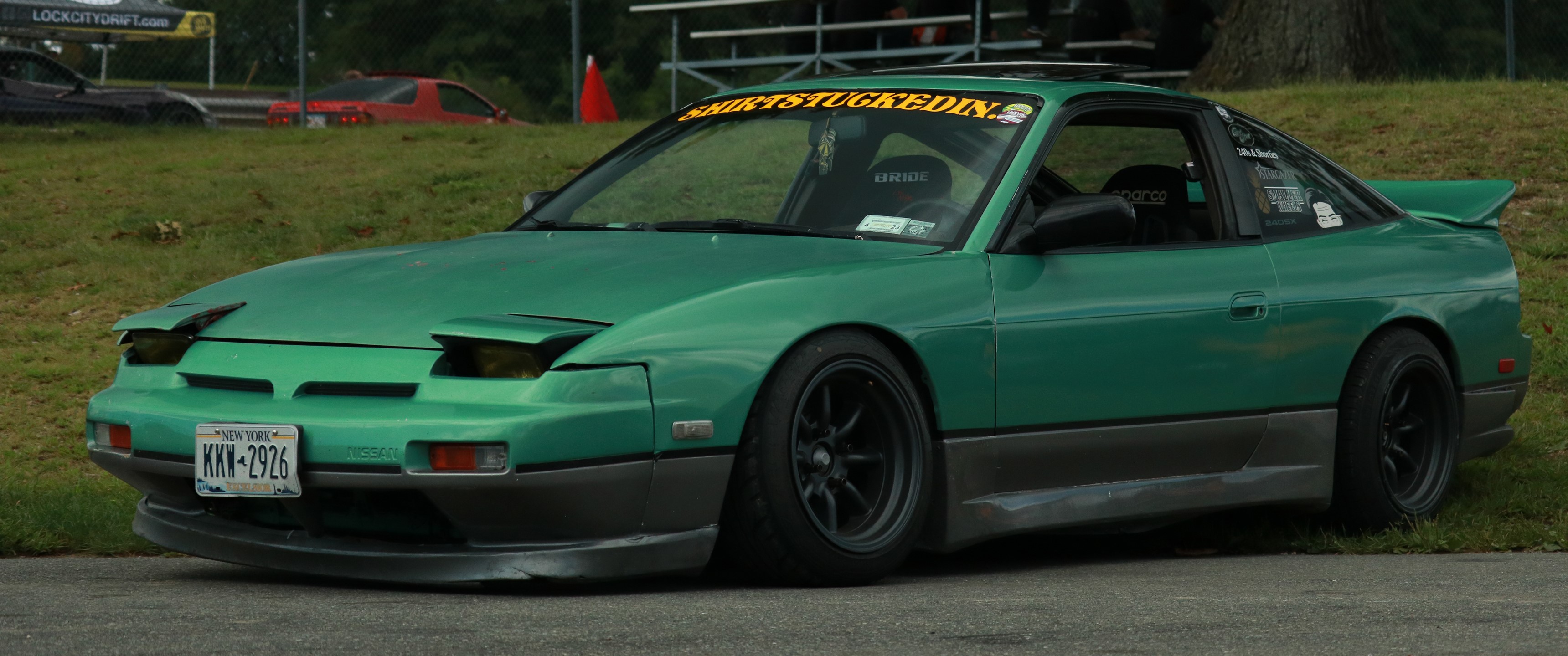 Green Nissan 240SX drift car with New York license plate HD Wallpaper