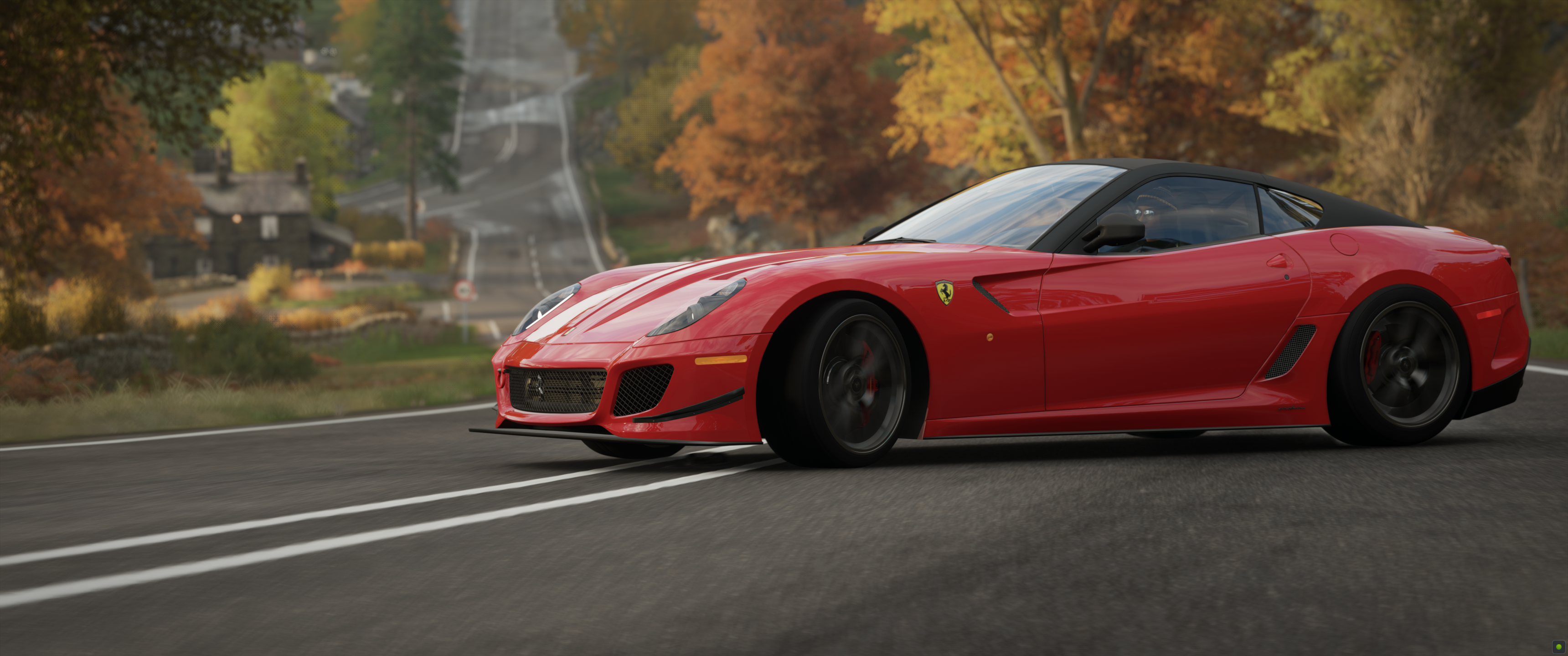 Red Ferrari GTO driving on a road in Forza Horizon 4 HD Wallpaper