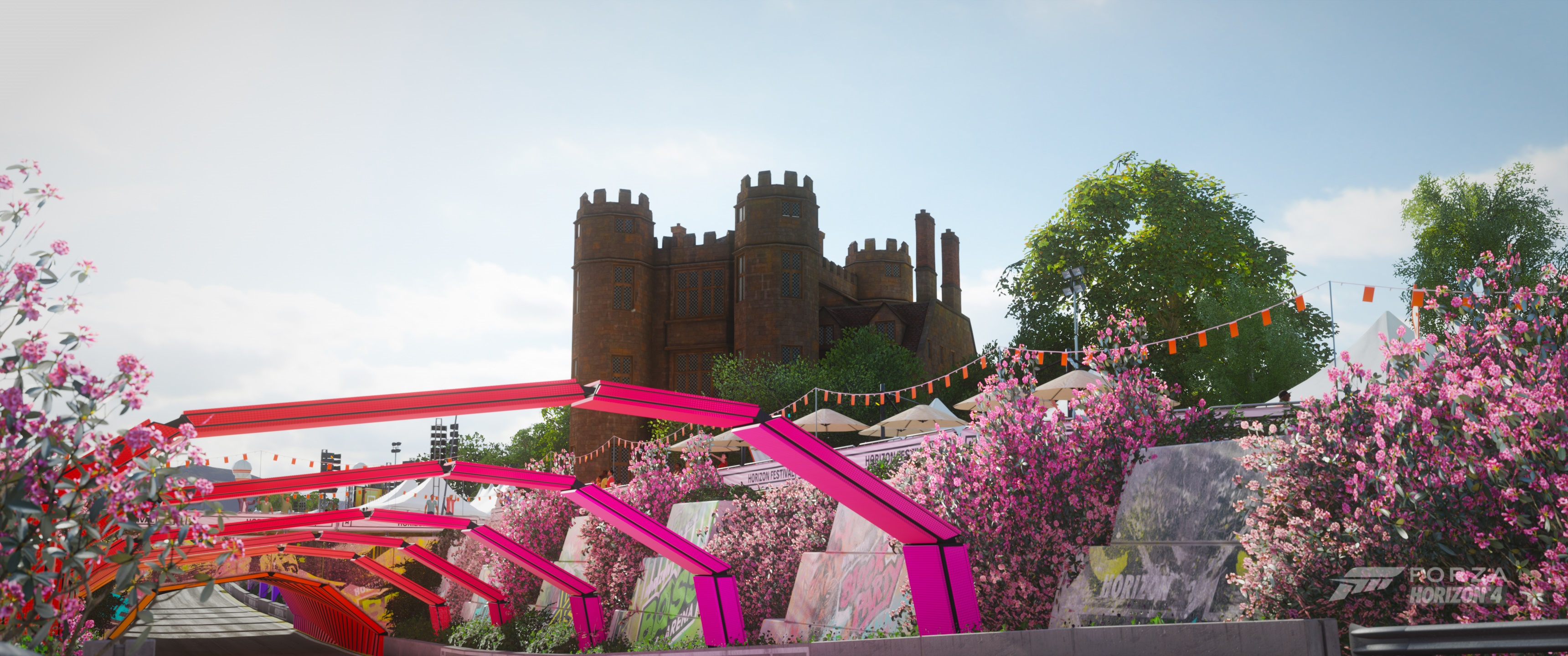 Forza Horizon 4 festival with castle and cherry blossoms HD Wallpaper