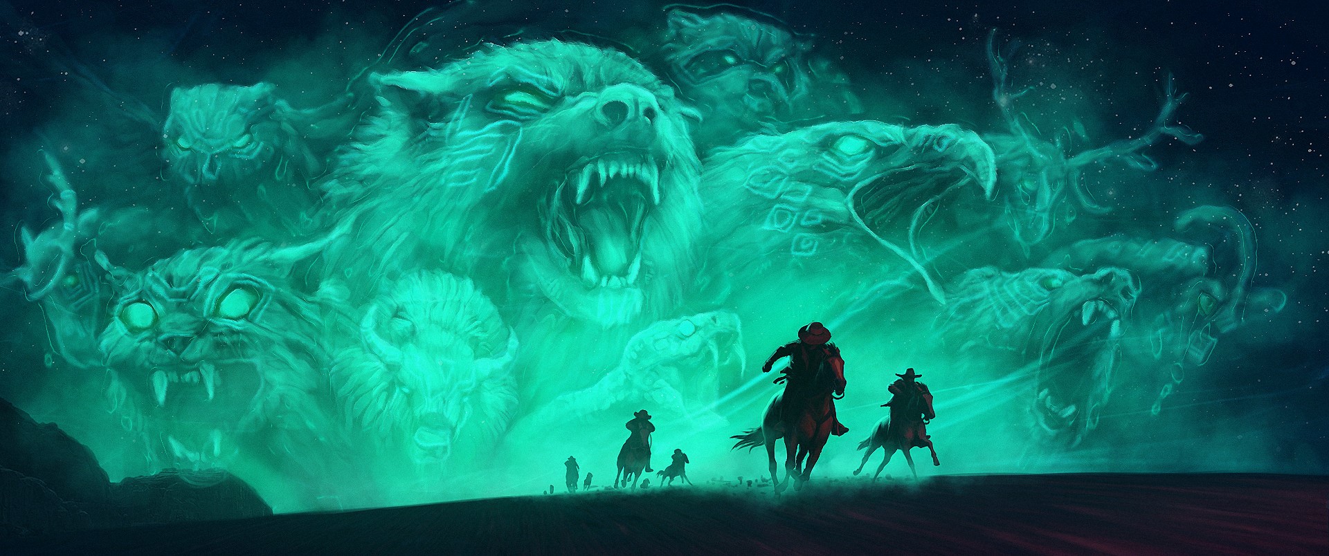 Cowboys facing spectral animal spirits in a desert night HD Wallpaper