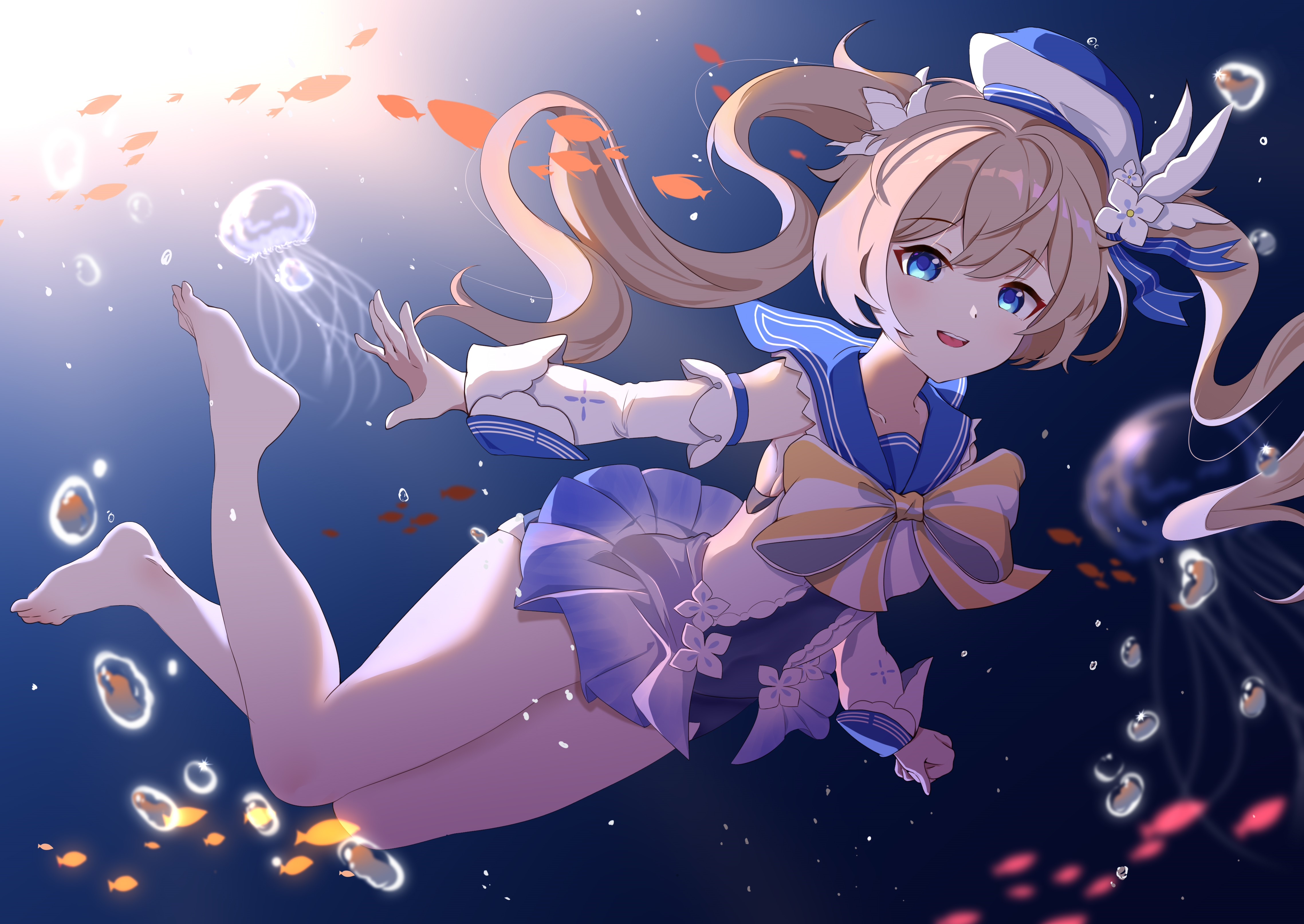 Barbara from Genshin Impact underwater with jellyfish HD Wallpaper