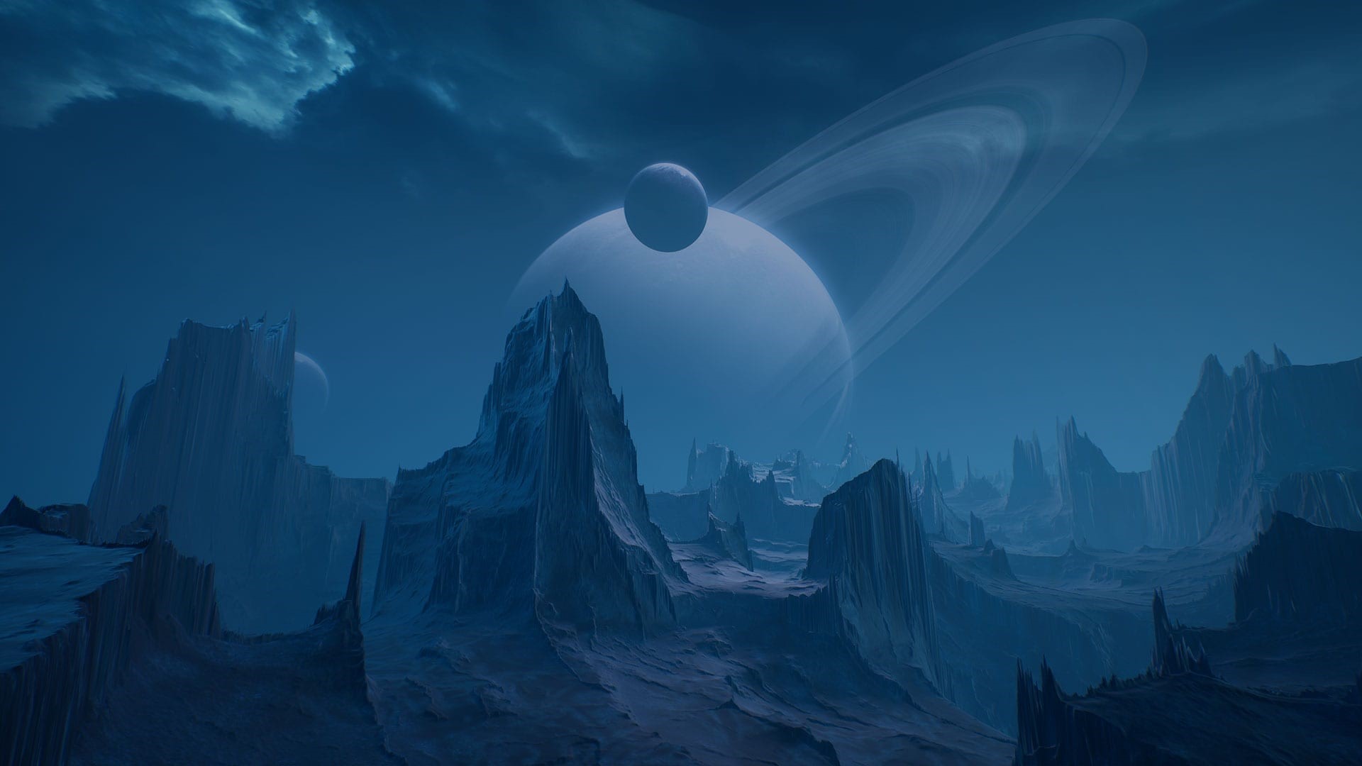 Alien planet landscape with ringed planet and moon HD Wallpaper
