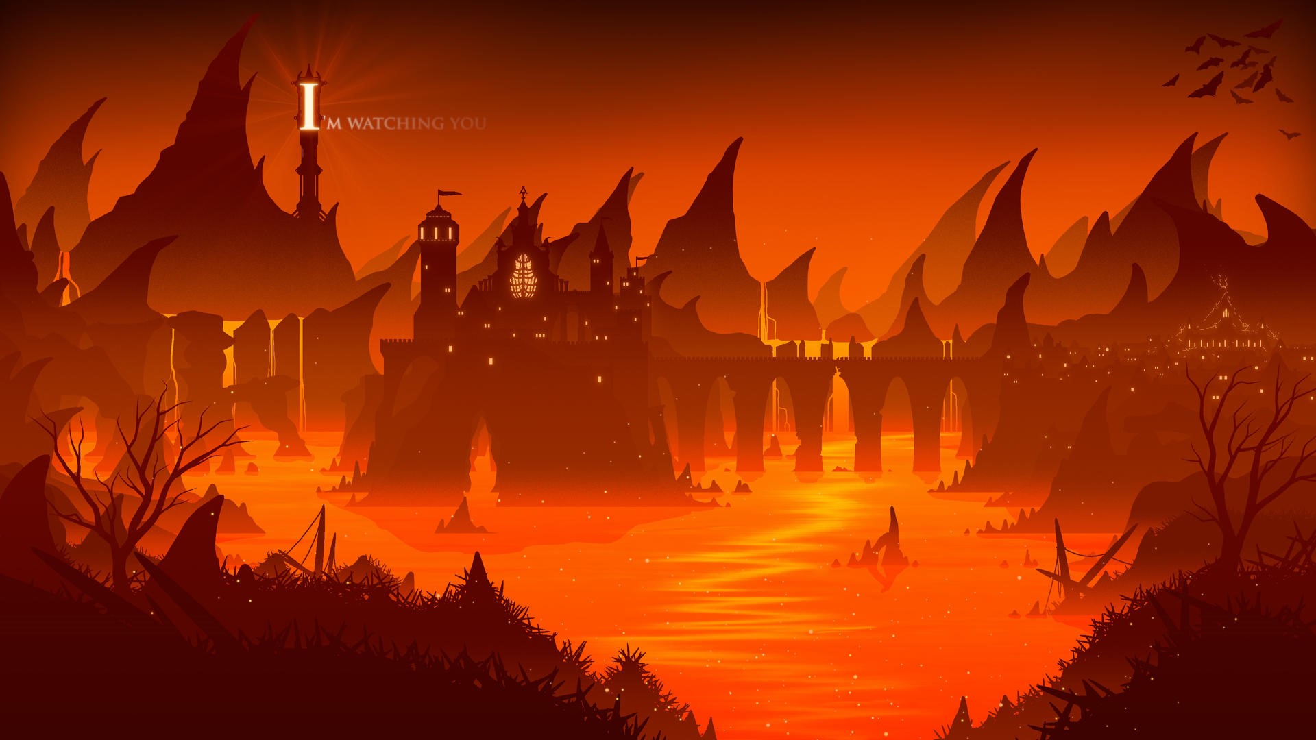 Minimalist orange landscape with castle and tower HD Wallpaper