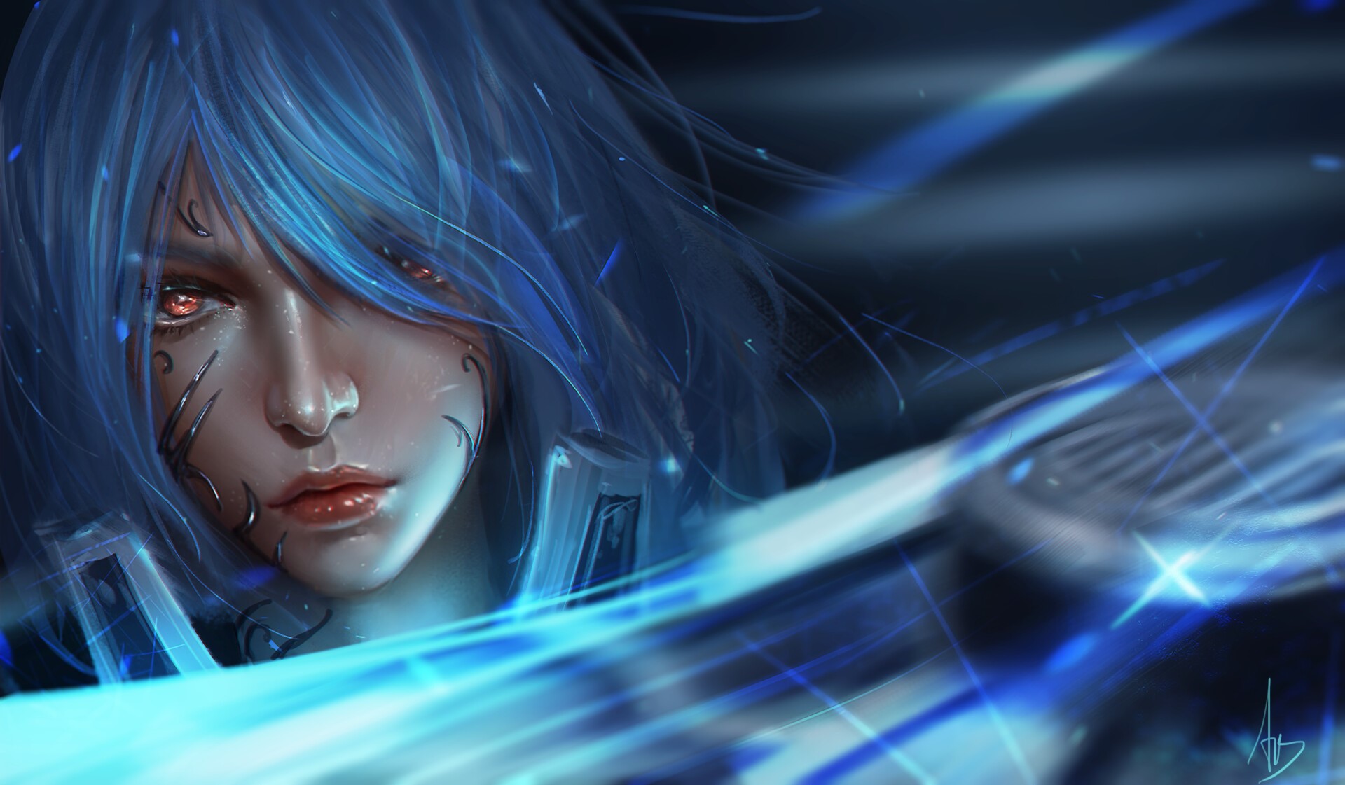 Fantasy art of a woman with blue hair and red eyes HD Wallpaper