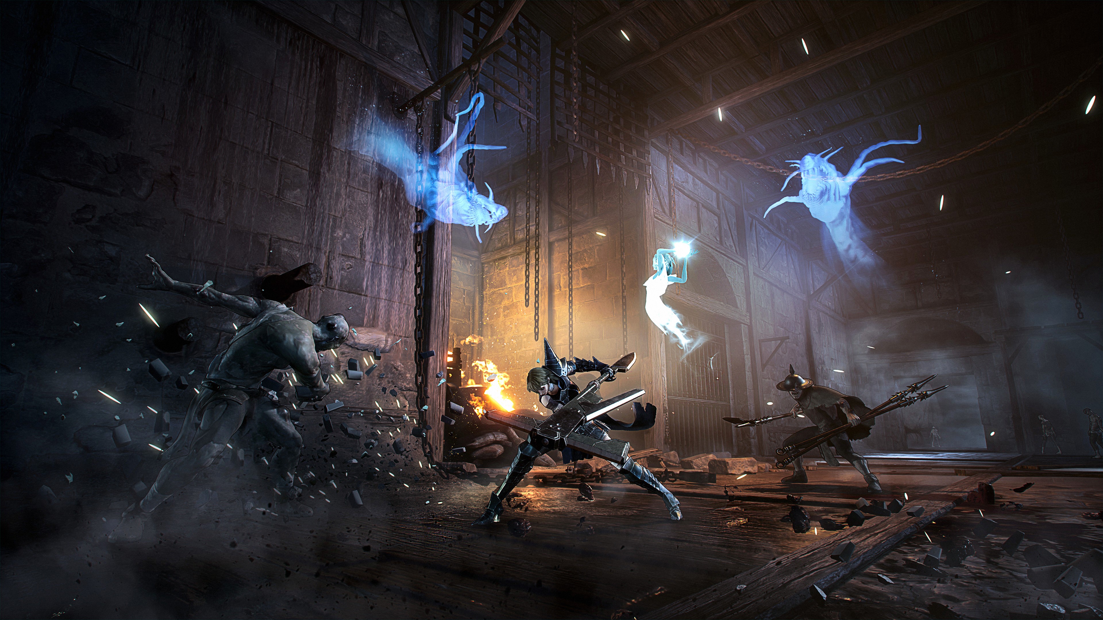Soulstice 4K: Lana and Buki fight ghosts in a dungeon HD Wallpaper