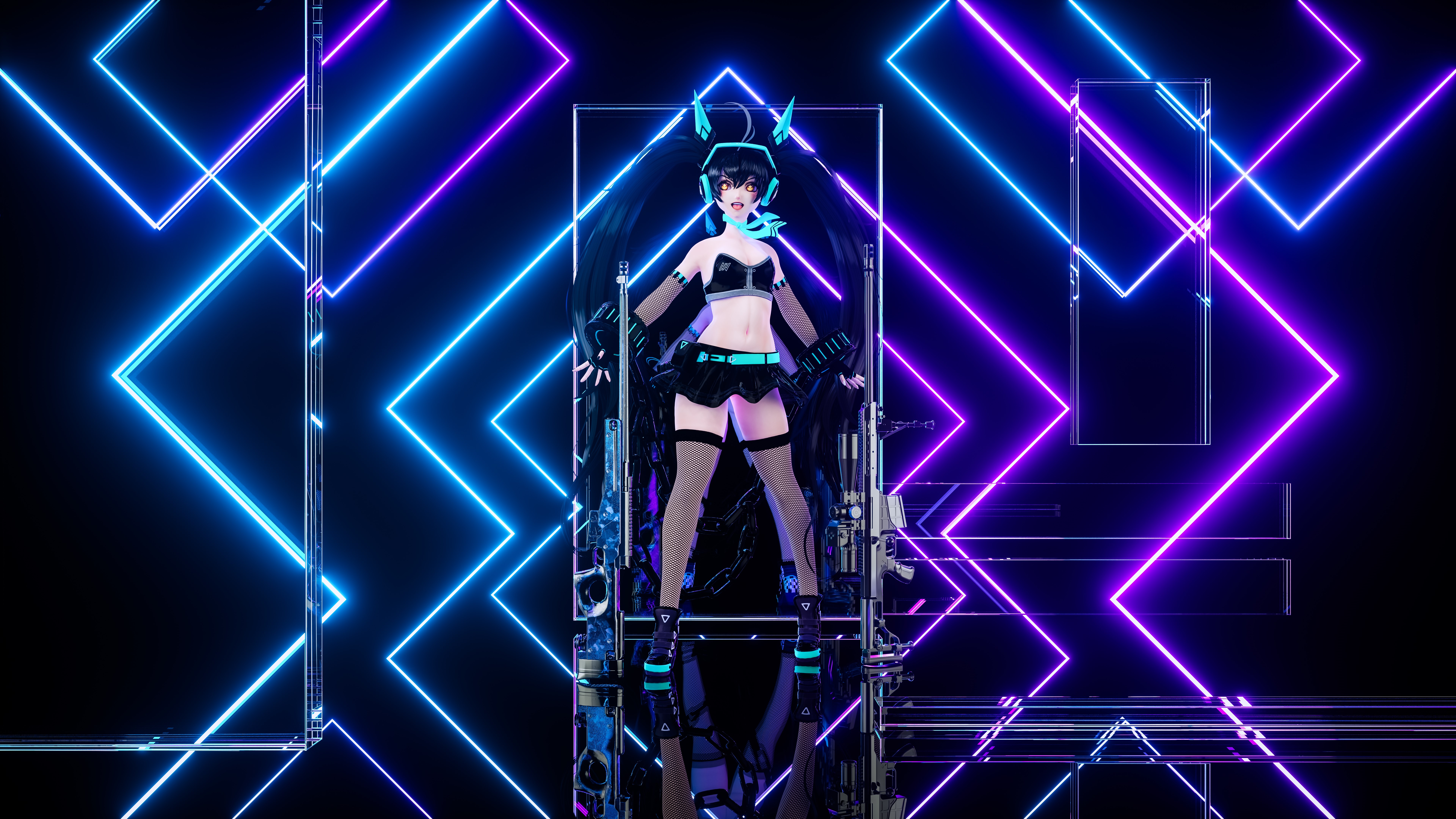 3D anime girl with guns and neon lights HD Wallpaper