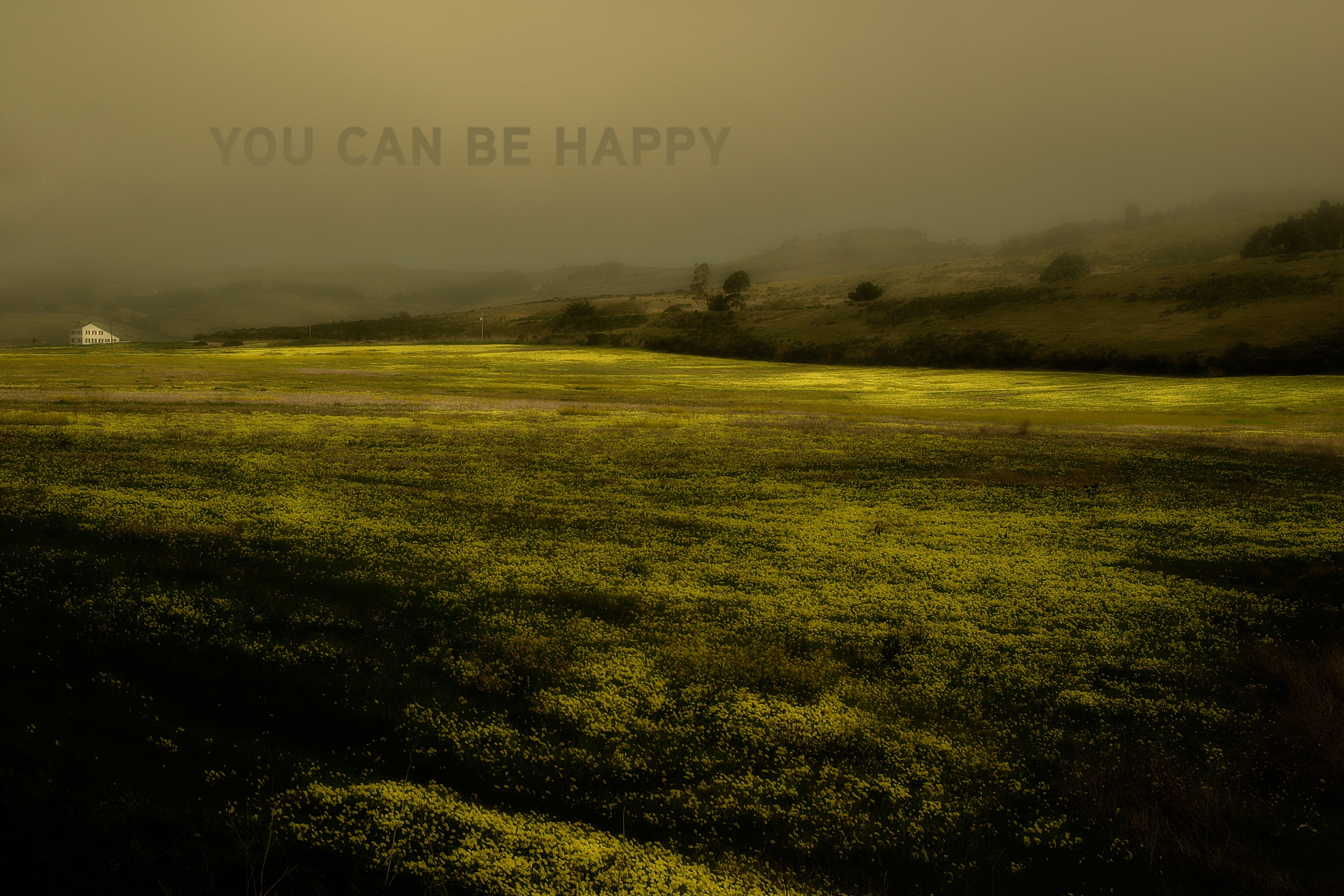 You Can Be Happy text over a foggy landscape HD Wallpaper